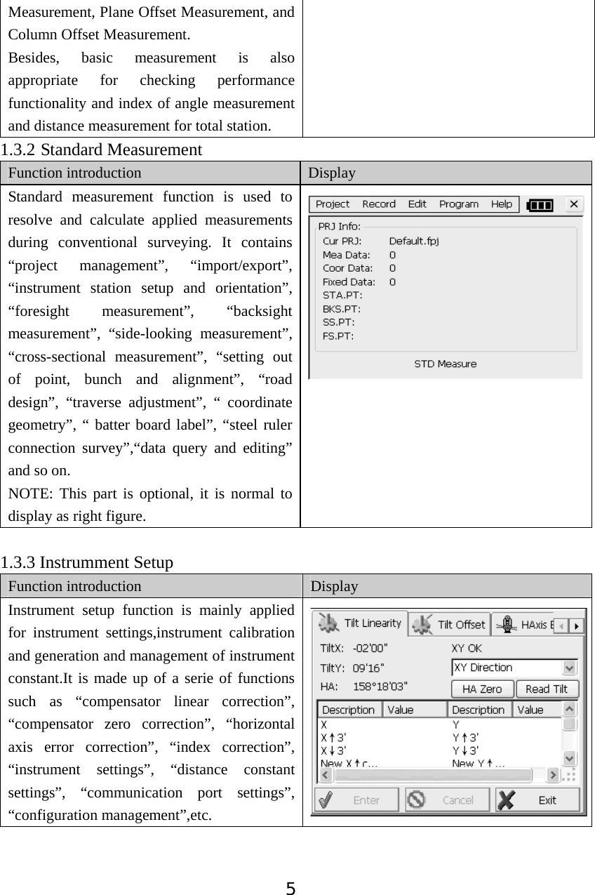 5Measurement, Plane Offset Measurement, and Column Offset Measurement. Besides, basic measurement is also appropriate for checking performance functionality and index of angle measurement and distance measurement for total station. 1.3.2 Standard MeasurementFunction introduction  Display Standard measurement function is used to resolve and calculate applied measurements during conventional surveying. It contains &ldquo;project management&rdquo;, &ldquo;import/export&rdquo;, &ldquo;instrument station setup and orientation&rdquo;, &ldquo;foresight measurement&rdquo;, &ldquo;backsight measurement&rdquo;, &ldquo;side-looking measurement&rdquo;, &ldquo;cross-sectional measurement&rdquo;, &ldquo;setting out of point, bunch and alignment&rdquo;, &ldquo;road design&rdquo;, &ldquo;traverse adjustment&rdquo;, &ldquo; coordinate geometry&rdquo;, &ldquo; batter board label&rdquo;, &ldquo;steel ruler connection survey&rdquo;,&ldquo;data query and editing&rdquo; and so on. NOTE: This part is optional, it is normal to display as right figure. 1.3.3 Instrumment Setup Function introduction  Display Instrument setup function is mainly applied for instrument settings,instrument calibration and generation and management of instrument constant.It is made up of a serie of functions such as &ldquo;compensator linear correction&rdquo;, &ldquo;compensator zero correction&rdquo;, &ldquo;horizontal axis error correction&rdquo;, &ldquo;index correction&rdquo;, &ldquo;instrument settings&rdquo;, &ldquo;distance constant settings&rdquo;, &ldquo;communication port settings&rdquo;, &ldquo;configuration management&rdquo;,etc. 