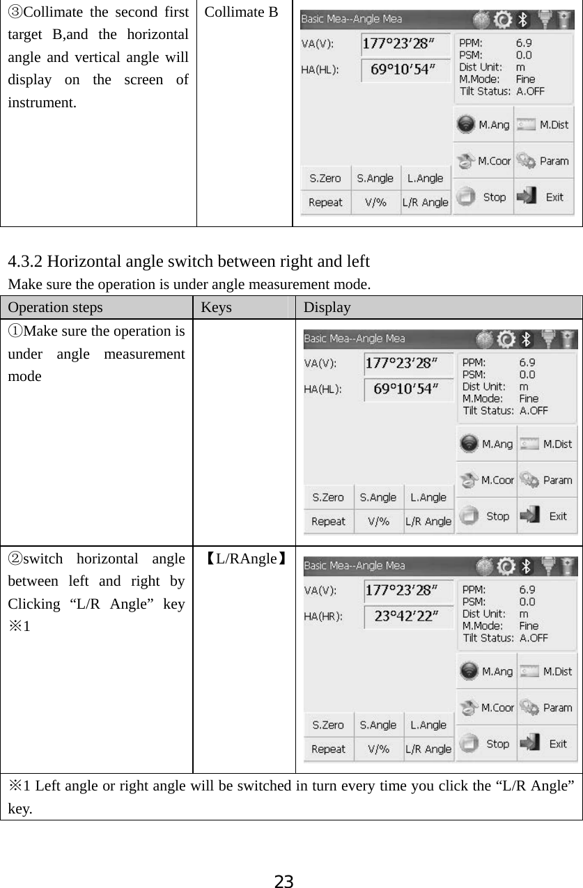 23ĹCollimate the second first target B,and the horizontal angle and vertical angle will display on the screen of instrument. Collimate B 4.3.2 Horizontal angle switch between right and left   Make sure the operation is under angle measurement mode. Operation steps  Keys Display ķMake sure the operation is under angle measurement mode ĸswitch horizontal angle between left and right by Clicking &ldquo;L/R Angle&rdquo; key Ć1ǏL/RAngleǐĆ1 Left angle or right angle will be switched in turn every time you click the &ldquo;L/R Angle&rdquo; key. 