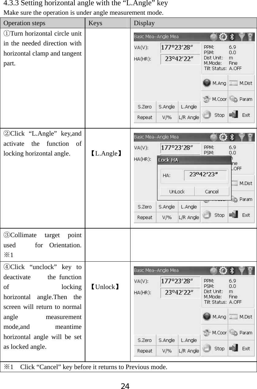 244.3.3 Setting horizontal angle with the &ldquo;L.Angle&rdquo; key Make sure the operation is under angle measurement mode. Operation steps  Keys Display ķTurn horizontal circle unit in the needed direction with horizontal clamp and tangent part.ĸClick &ldquo;L.Angle&rdquo; key,and activate the function of locking horizontal angle.  ǏL.AngleǐĹCollimate target point used   for Orientation. 1ĆĺClick &ldquo;unclock&rdquo; key to deactivate     the function of         locking horizontal angle.Then the screen will return to normal angle measurement mode,and meantime horizontal angle will be set as locked angle. ǏUnlockǐ1Ć    Click &ldquo;Cancel&rdquo; key before it returns to Previous mode. 