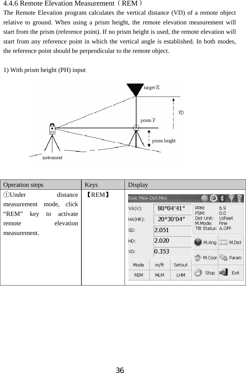 364.4.6 Remote Elevation MeasurementďREMĐThe Remote Elevation program calculates the vertical distance (VD) of a remote object relative to ground. When using a prism height, the remote elevation measurement will start from the prism (reference point). If no prism height is used, the remote elevation will start from any reference point in which the vertical angle is established. In both modes, the reference point should be perpendicular to the remote object.   1) With prism height (PH) input Operation steps  Keys Display ķUnder distance measurement mode, click &ldquo;REM&rdquo; key to activate remote elevation measurement. ǏREMǐ