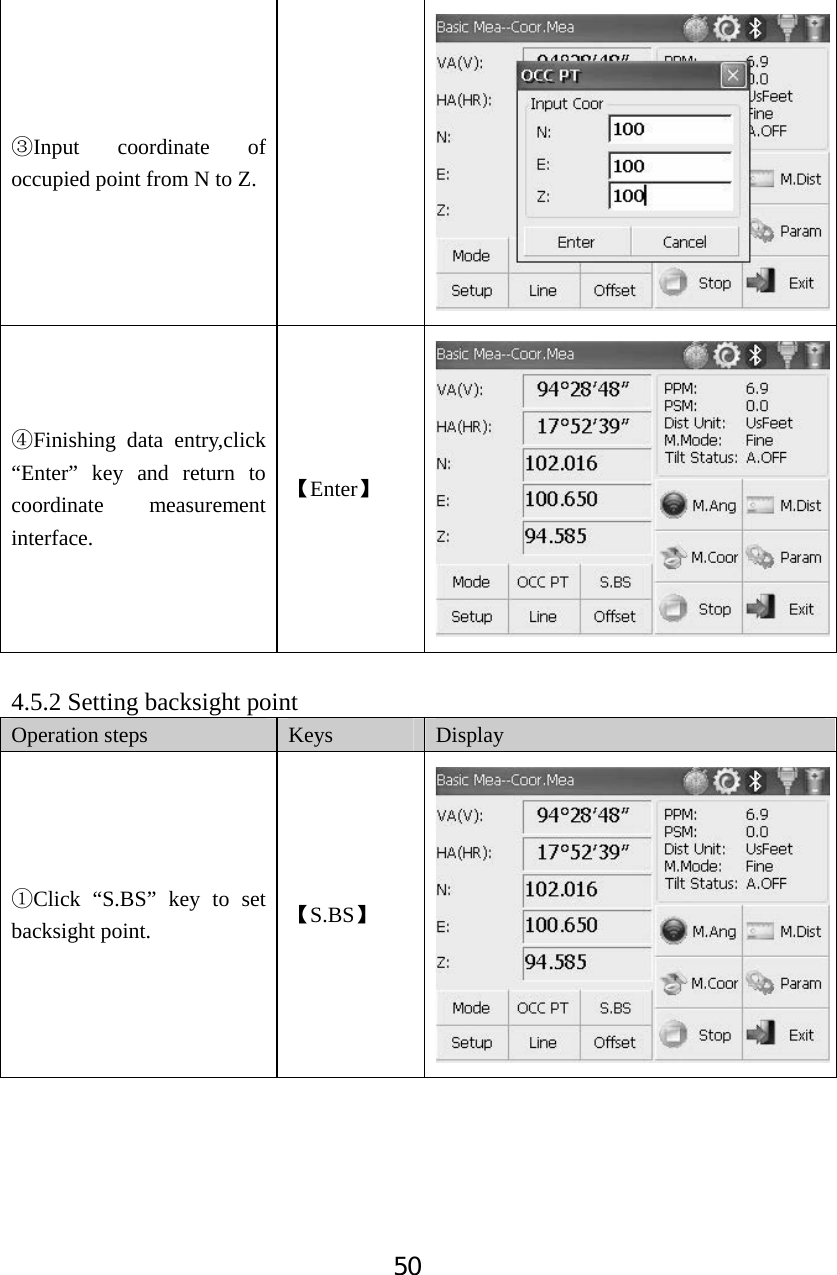 50ĹInput coordinate of occupied point from N to Z. ĺFinishing data entry,click &ldquo;Enter&rdquo; key and return to coordinate measurement interface.  ǏEnterǐ4.5.2 Setting backsight point Operation steps  Keys Display ķClick &ldquo;S.BS&rdquo; key to set backsight point.  ǏS.BSǐ