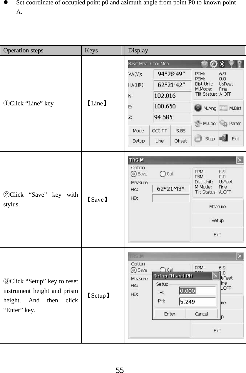 55zSet coordinate of occupied point p0 and azimuth angle from point P0 to known point A.Operation steps  Keys Display ķClick &ldquo;Line&rdquo; key.  ǏLineǐĸClick &ldquo;Save&rdquo; key with stylus. ǏSaveǐĹClick &ldquo;Setup&rdquo; key to reset instrument height and prism height. And then click &ldquo;Enter&rdquo; key.     ǏSetupǐ