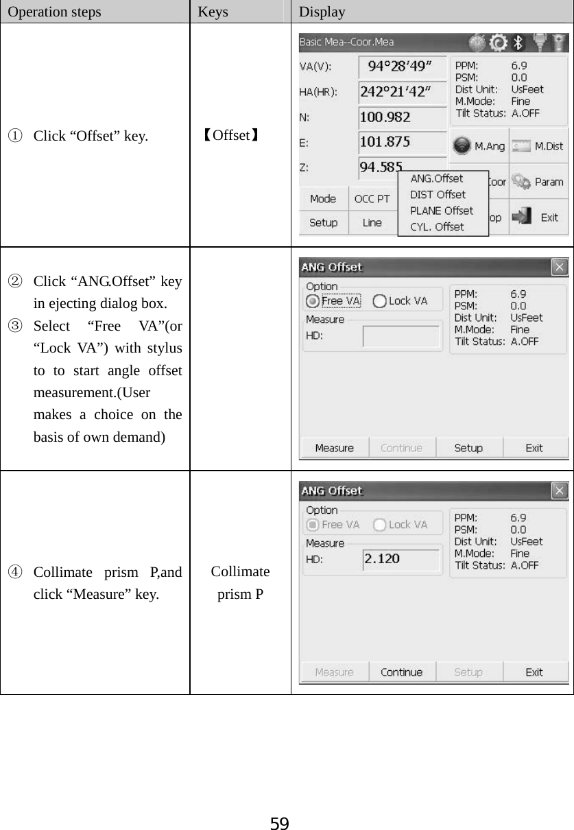 59Operation steps  Keys Display ķClick &ldquo;Offset&rdquo; key.  ǏOffsetǐĸClick &ldquo;ANG.Offset&rdquo; key in ejecting dialog box. ĹSelect &ldquo;Free VA&rdquo;(or &ldquo;Lock VA&rdquo;) with stylus to to start angle offset measurement.(User makes a choice on the basis of own demand) ĺCollimate prism P,and click &ldquo;Measure&rdquo; key. Collimate prism P 
