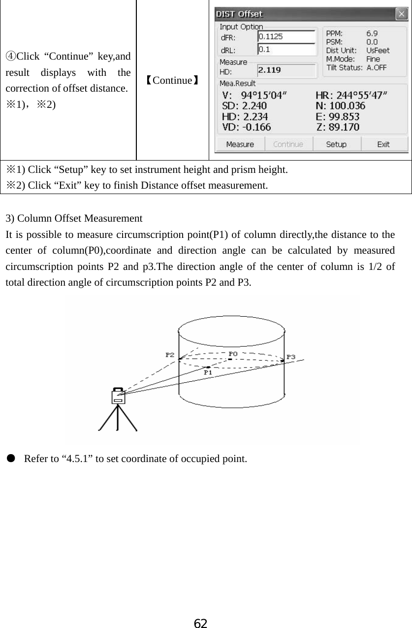 62ĺClick &ldquo;Continue&rdquo; key,and result displays with the correction of offset distance. 1)Ćˈ2)ĆǏContinueǐ1)Ć Click &ldquo;Setup&rdquo; key to set instrument height and prism height. 2)Ć Click &ldquo;Exit&rdquo; key to finish Distance offset measurement. 3) Column Offset Measurement It is possible to measure circumscription point(P1) of column directly,the distance to the center of column(P0),coordinate and direction angle can be calculated by measured circumscription points P2 and p3.The direction angle of the center of column is 1/2 of total direction angle of circumscription points P2 and P3. ƽ Refer to &ldquo;4.5.1&rdquo; to set coordinate of occupied point. 