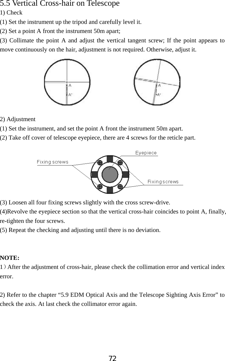 725.5 Vertical Cross-hair on Telescope 1) Check   (1) Set the instrument up the tripod and carefully level it. (2) Set a point A front the instrument 50m apart; (3) Collimate the point A and adjust the vertical tangent screw; If the point appears to move continuously on the hair, adjustment is not required. Otherwise, adjust it. 2) Adjustment   (1) Set the instrument, and set the point A front the instrument 50m apart. (2) Take off cover of telescope eyepiece, there are 4 screws for the reticle part. (3) Loosen all four fixing screws slightly with the cross screw-drive.   (4)Revolve the eyepiece section so that the vertical cross-hair coincides to point A, finally, re-tighten the four screws. (5) Repeat the checking and adjusting until there is no deviation. NOTE:1˅After the adjustment of cross-hair, please check the collimation error and vertical index error.2) Refer to the chapter &ldquo;5.9 EDM Optical Axis and the Telescope Sighting Axis Error&rdquo; to check the axis. At last check the collimator error again.        
