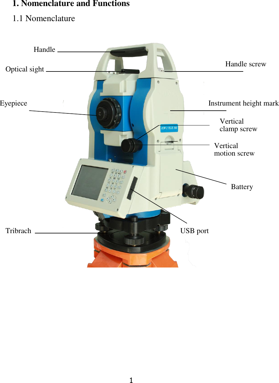 1 1. Nomenclature and Functions 1.1 Nomenclature    Handle Optical sight Tribrach Handle screw Vertical motion screw Vertical clamp screw Battery USB port Instrument height mark Eyepiece 