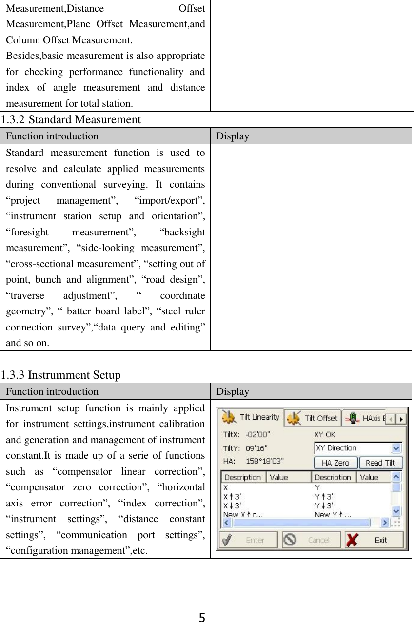5 Measurement,Distance  Offset Measurement,Plane Offset  Measurement,and Column Offset Measurement. Besides,basic measurement is also appropriate for  checking  performance  functionality  and index  of  angle  measurement  and  distance measurement for total station. 1.3.2 Standard Measurement Function introduction Display Standard  measurement  function  is  used  to resolve  and  calculate  applied  measurements during  conventional  surveying.  It  contains &ldquo;project  management&rdquo;,  &ldquo;import/export&rdquo;, &ldquo;instrument  station  setup  and  orientation&rdquo;, &ldquo;foresight  measurement&rdquo;,  &ldquo;backsight measurement&rdquo;,  &ldquo;side-looking  measurement&rdquo;, &ldquo;cross-sectional measurement&rdquo;, &ldquo;setting out of point,  bunch  and  alignment&rdquo;,  &ldquo;road  design&rdquo;, &ldquo;traverse  adjustment&rdquo;,  &ldquo;  coordinate geometry&rdquo;, &ldquo;  batter board  label&rdquo;, &ldquo;steel ruler connection  survey&rdquo;,&ldquo;data  query  and  editing&rdquo; and so on.   1.3.3 Instrumment Setup Function introduction Display Instrument  setup  function  is  mainly  applied for  instrument  settings,instrument  calibration and generation and management of instrument constant.It is made up of a serie of functions such  as  &ldquo;compensator  linear  correction&rdquo;, &ldquo;compensator  zero  correction&rdquo;,  &ldquo;horizontal axis  error  correction&rdquo;,  &ldquo;index  correction&rdquo;, &ldquo;instrument  settings&rdquo;,  &ldquo;distance  constant settings&rdquo;,  &ldquo;communication  port  settings&rdquo;, &ldquo;configuration management&rdquo;,etc.    