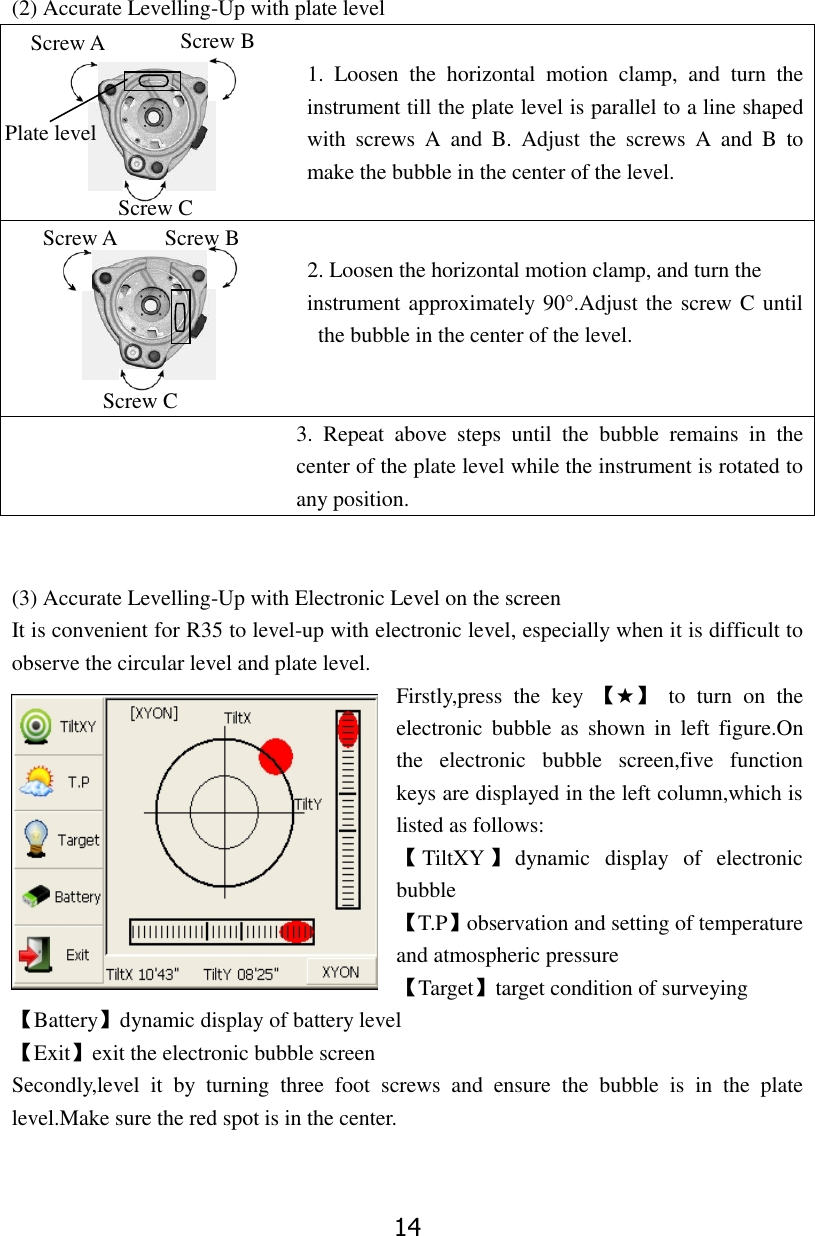 14  (2) Accurate Levelling-Up with plate level                                                          1.  Loosen  the  horizontal  motion  clamp,  and  turn  the instrument till the plate level is parallel to a line shaped with  screws  A  and  B.  Adjust  the  screws  A  and  B  to make the bubble in the center of the level.                                                         2. Loosen the horizontal motion clamp, and turn the instrument approximately 90&deg;.Adjust the screw C until the bubble in the center of the level.   3.  Repeat  above  steps  until  the  bubble  remains  in  the center of the plate level while the instrument is rotated to any position.     (3) Accurate Levelling-Up with Electronic Level on the screen It is convenient for R35 to level-up with electronic level, especially when it is difficult to observe the circular level and plate level.   Firstly,press  the  key  【★】  to  turn  on  the electronic bubble  as  shown  in  left figure.On the  electronic  bubble  screen,five  function keys are displayed in the left column,which is listed as follows:   【TiltXY 】dynamic  display  of  electronic bubble 【T.P】observation and setting of temperature and atmospheric pressure 【Target】target condition of surveying   【Battery】dynamic display of battery level   【Exit】exit the electronic bubble screen Secondly,level  it  by  turning  three  foot  screws  and  ensure  the  bubble  is  in  the  plate level.Make sure the red spot is in the center.   Screw B Screw A Plate level Screw C Screw A Screw B Screw C 