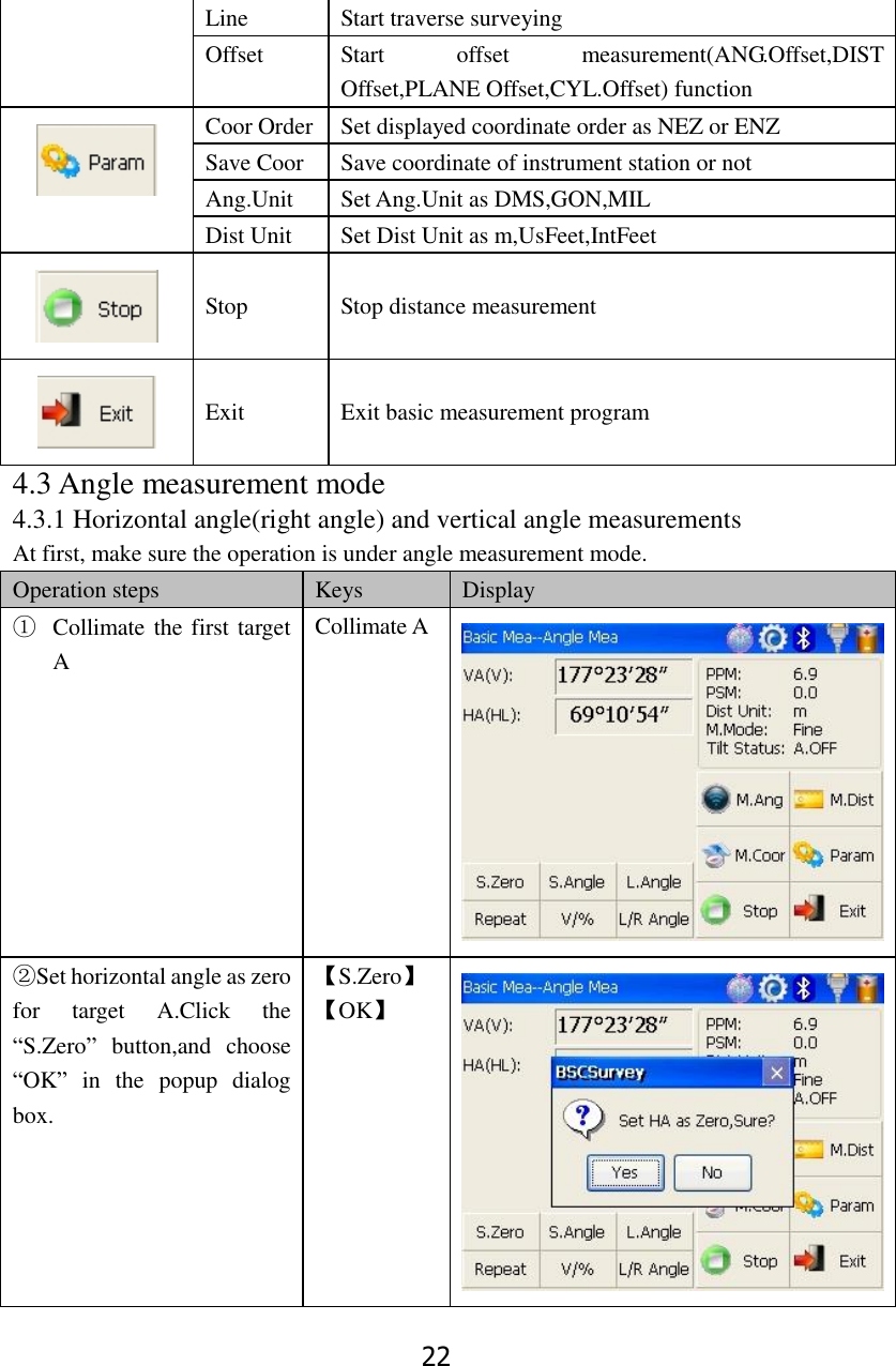 22 Line Start traverse surveying   Offset Start  offset  measurement(ANG.Offset,DIST Offset,PLANE Offset,CYL.Offset) function  Coor Order Set displayed coordinate order as NEZ or ENZ Save Coor   Save coordinate of instrument station or not Ang.Unit Set Ang.Unit as DMS,GON,MIL Dist Unit Set Dist Unit as m,UsFeet,IntFeet   Stop  Stop distance measurement   Exit  Exit basic measurement program 4.3 Angle measurement mode 4.3.1 Horizontal angle(right angle) and vertical angle measurements At first, make sure the operation is under angle measurement mode. Operation steps Keys Display ① Collimate the first target A Collimate A  ②Set horizontal angle as zero for  target  A.Click  the &ldquo;S.Zero&rdquo;  button,and  choose &ldquo;OK&rdquo;  in  the  popup  dialog box.  【S.Zero】 【OK】  