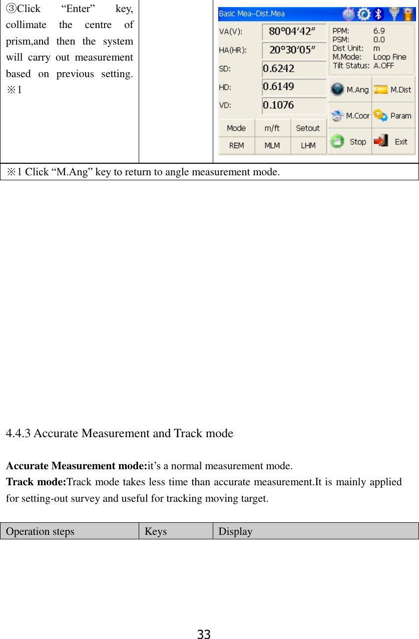 33 ③Click  &ldquo;Enter&rdquo;  key, collimate  the  centre  of prism,and  then  the  system will  carry  out  measurement based  on  previous  setting. ※1   ※1 Click &ldquo;M.Ang&rdquo; key to return to angle measurement mode.                4.4.3 Accurate Measurement and Track mode  Accurate Measurement mode:it&rsquo;s a normal measurement mode. Track mode:Track mode takes less time than accurate measurement.It is mainly applied for setting-out survey and useful for tracking moving target.      Operation steps Keys Display 
