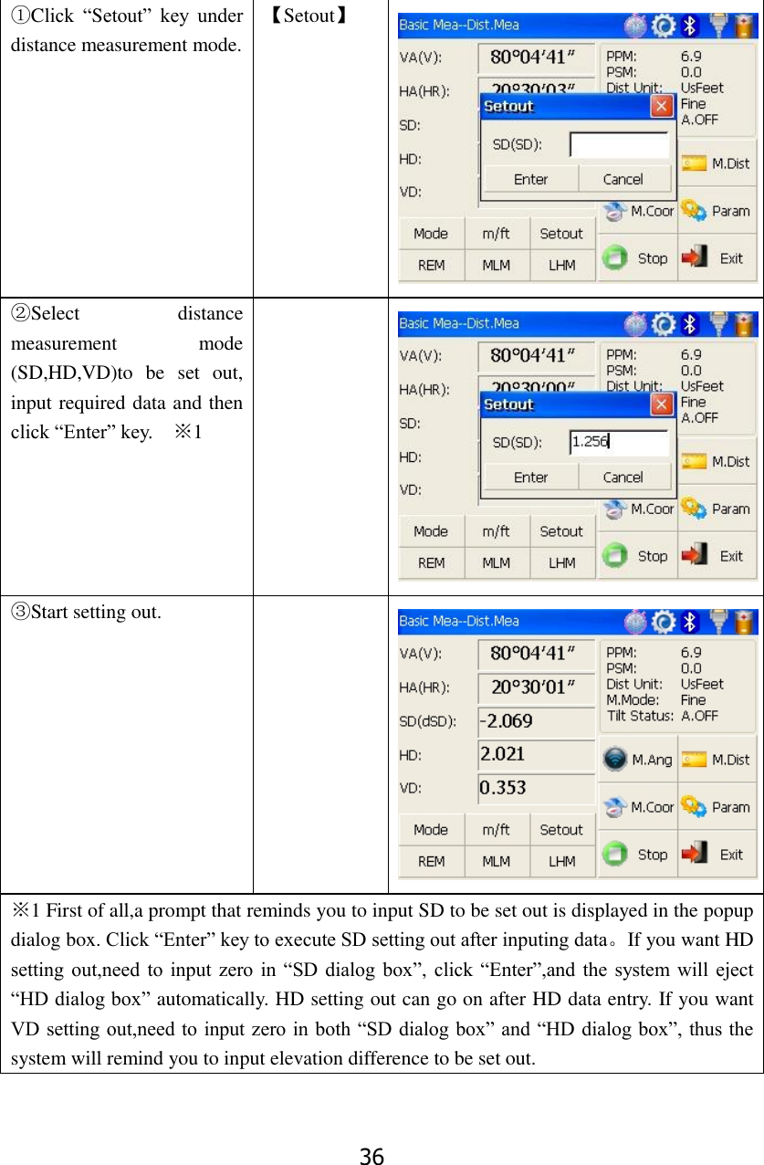 36 ①Click  &ldquo;Setout&rdquo;  key  under distance measurement mode. 【Setout】  ②Select  distance measurement  mode (SD,HD,VD)to  be  set  out, input required data and then click &ldquo;Enter&rdquo; key.   ※1   ③Start setting out.   ※1 First of all,a prompt that reminds you to input SD to be set out is displayed in the popup dialog box. Click &ldquo;Enter&rdquo; key to execute SD setting out after inputing data。If you want HD setting out,need  to  input  zero in  &ldquo;SD dialog box&rdquo;, click &ldquo;Enter&rdquo;,and the  system  will  eject &ldquo;HD dialog box&rdquo; automatically. HD setting out can go on after HD data entry. If you want VD setting out,need to input zero in both &ldquo;SD dialog box&rdquo; and &ldquo;HD dialog box&rdquo;, thus the system will remind you to input elevation difference to be set out. 