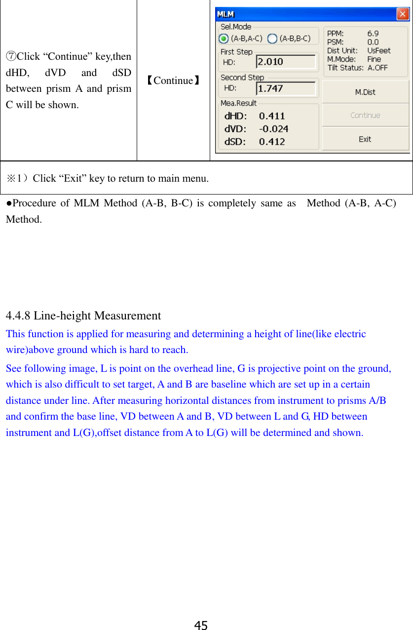 45 ⑦Click &ldquo;Continue&rdquo; key,then dHD,  dVD  and  dSD between prism A  and  prism C will be shown. 【Continue】  ※1）Click &ldquo;Exit&rdquo; key to return to main menu.   ●Procedure of  MLM  Method (A-B, B-C) is  completely same as    Method (A-B,  A-C) Method.      4.4.8 Line-height Measurement This function is applied for measuring and determining a height of line(like electric wire)above ground which is hard to reach.   See following image, L is point on the overhead line, G is projective point on the ground, which is also difficult to set target, A and B are baseline which are set up in a certain distance under line. After measuring horizontal distances from instrument to prisms A/B and confirm the base line, VD between A and B, VD between L and G, HD between instrument and L(G),offset distance from A to L(G) will be determined and shown.  