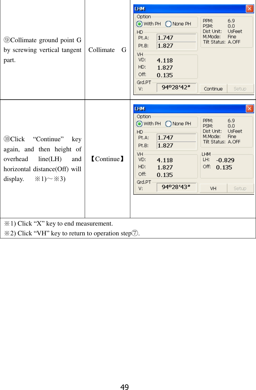 49 ⑨Collimate ground point G by screwing vertical tangent part. Collimate    G  ⑩Click  &ldquo;Continue&rdquo;  key again,  and  then  height  of   overhead  line(LH)  and horizontal distance(Off) will display.   ※1)～※3) 【Continue】  ※1) Click &ldquo;X&rdquo; key to end measurement. ※2) Click &ldquo;VH&rdquo; key to return to operation step⑦. 