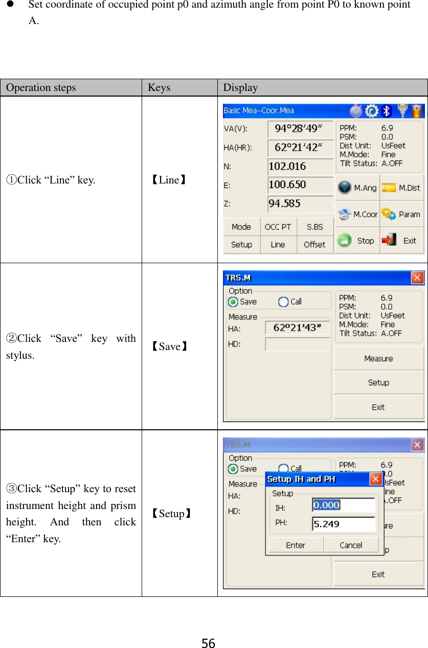 56 ⚫ Set coordinate of occupied point p0 and azimuth angle from point P0 to known point A.        Operation steps Keys Display ①Click &ldquo;Line&rdquo; key. 【Line】  ②Click  &ldquo;Save&rdquo;  key  with stylus. 【Save】  ③Click &ldquo;Setup&rdquo; key to reset instrument height and prism height.  And  then  click &ldquo;Enter&rdquo; key.     【Setup】  