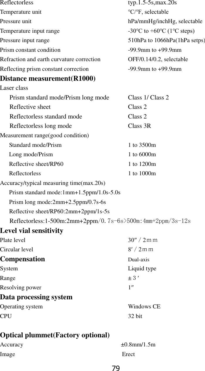 79 Reflectorless                                                     typ.1.5-5s,max.20s Temperature unit                                                  ℃/℉, selectable Pressure unit                                                         hPa/mmHg/inchHg, selectable Temperature input range                                       -30℃ to +60℃ (1℃ steps) Pressure input range                                             510hPa to 1066hPa(1hPa setps) Prism constant condition                                      -99.9mm to +99.9mm Refraction and earth curvature correction            OFF/0.14/0.2, selectable   Reflecting prism constant correction                   -99.9mm to +99.9mm Distance measurement(R1000)   Laser class                           Prism standard mode/Prism long mode        Class 1/ Class 2 Reflective sheet                                              Class 2    Reflectorless standard mode                          Class 2    Reflectorless long mode                                Class 3R Measurement range(good condition)                 Standard mode/Prism            1 to 3500m Long mode/Prism              1 to 6000m Reflective sheet/RP60                        1 to 1200m Reflectorless                                  1 to 1000m Accuracy/typical measuring time(max.20s)          Prism standard mode:1mm+1.5ppm/1.0s-5.0s     Prism long mode:2mm+2.5ppm/0.7s-6s     Reflective sheet/RP60:2mm+2ppm/1s-5s Reflectorless:1-500m:2mm+2ppm/0.7s-6s>500m:4mm+2ppm/3s-12s Level vial sensitivity   Plate level                                                             30&Prime;／2ｍｍ Circular level                                                          8&prime;／2ｍｍ Compensation                        Dual-axis System                                                                      Liquid type Range                                     &plusmn;３&prime; Resolving power                                                      1&Prime; Data processing system Operating system                                                      Windows CE CPU                                      32 bit  Optical plummet(Factory optional) Accuracy                                                                &plusmn;0.8mm/1.5m Image                                   Erect 