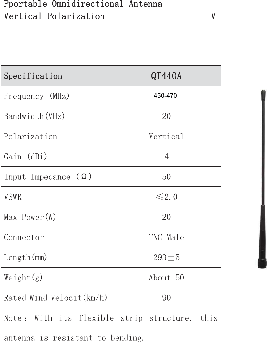 33SRUWDEOH2PQLGLUHFWLRQDO$QWHQQD9HUWLFDO3RODUL]DWLRQ 9    6SHFLILFDWLRQ 47$)UHTXHQF\0+]%DQGZLGWK0+] 3RODUL]DWLRQ 9HUWLFDO*DLQG%L ,QSXW,PSHGDQFH&iexcl; 96:5 İ0D[3RZHU: &amp;RQQHFWRU 71&amp;0DOH/HQJWKPP f:HLJKWJ $ERXW5DWHG:LQG9HORFLWNPK 1RWH ˖ :LWK LWV IOH[LEOH VWULS VWUXFWXUH WKLVDQWHQQDLVUHVLVWDQWWREHQGLQJ450-470