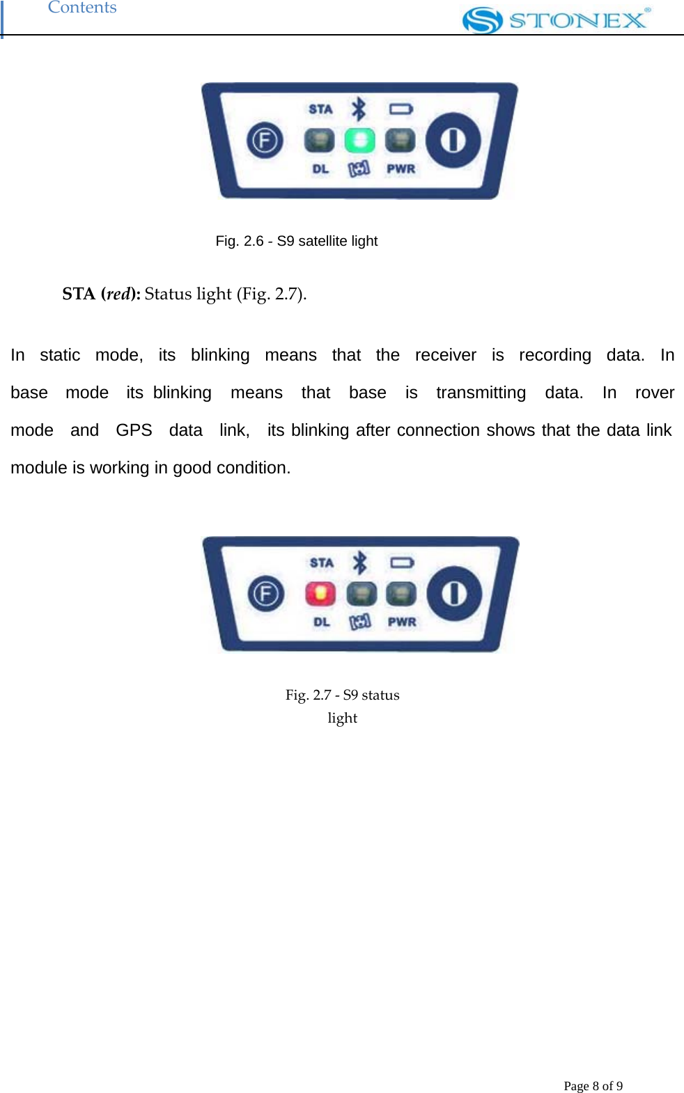 Contents Page 8 of 9   Fig. 2.6 ‐ S9 satellite light STA (red): Status light (Fig. 2.7).In  static  mode,  its  blinking  means  that  the  receiver  is  recording  data.  In  base  mode  its blinking  means  that  base  is  transmitting  data.  In  rover  mode  and  GPS  data  link,  its blinking after connection shows that the data link module is working in good condition.    Fig. 2.7 ‐ S9 status light 