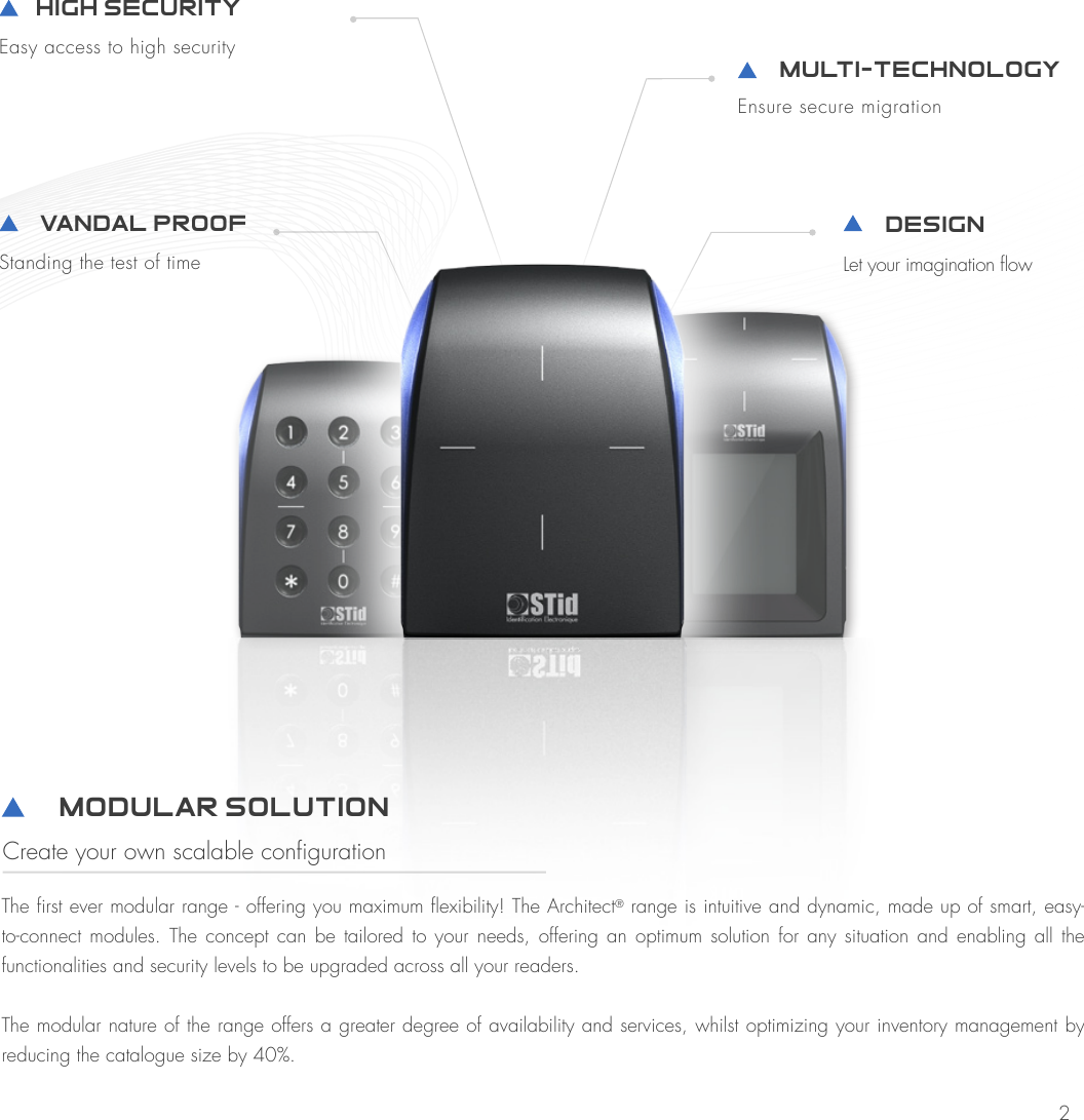         Multi-technology Ensure secure migration        designLet your imagination flow        Vandal proof Standing the test of time       High Security  Easy access to high security         Modular solution Create your own scalable configurationThe first ever modular range - offering you maximum flexibility! The Architect® range is intuitive and dynamic, made up of smart, easy-to-connect modules. The concept can be tailored to your needs, offering an optimum solution for any situation and enabling all the functionalities and security levels to be upgraded across all your readers. The modular nature of the range offers a greater degree of availability and services, whilst optimizing your inventory management by reducing the catalogue size by 40%.  2