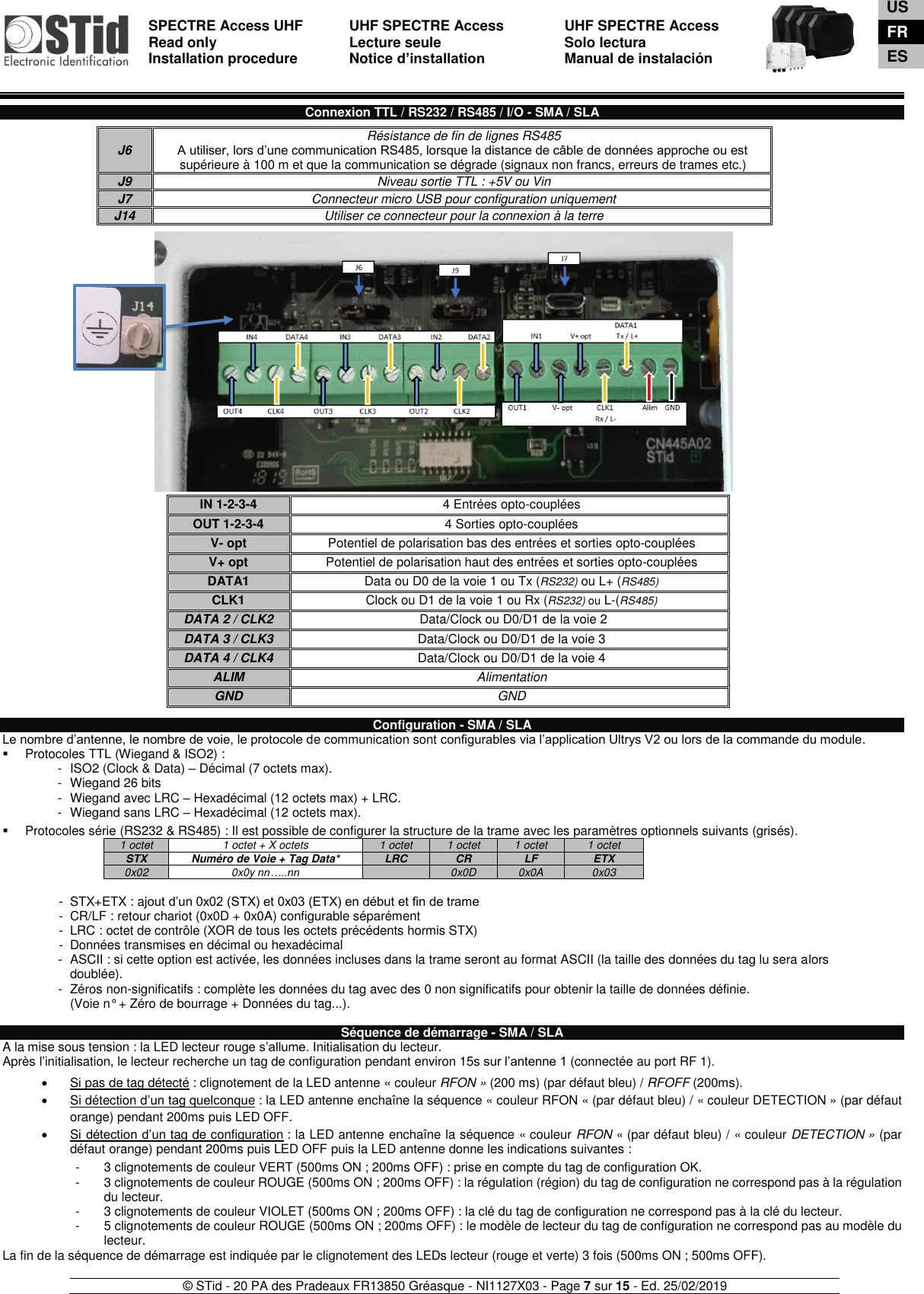  SPECTRE Access UHF Read only Installation procedure    UHF SPECTRE Access Lecture seule   Notice d’installation  UHF SPECTRE Access Solo lectura Manual de instalación   © STid - 20 PA des Pradeaux FR13850 Gréasque - NI1127X03 - Page 7 sur 15 - Ed. 25/02/2019   Connexion TTL / RS232 / RS485 / I/O - SMA / SLA                                          Configuration - SMA / SLA Le nombre d’antenne, le nombre de voie, le protocole de communication sont configurables via l’application Ultrys V2 ou lors de la commande du module.  ▪  Protocoles TTL (Wiegand &amp; ISO2) : -  ISO2 (Clock &amp; Data) – Décimal (7 octets max). -  Wiegand 26 bits -  Wiegand avec LRC – Hexadécimal (12 octets max) + LRC. -  Wiegand sans LRC – Hexadécimal (12 octets max).  ▪  Protocoles série (RS232 &amp; RS485) : Il est possible de configurer la structure de la trame avec les paramètres optionnels suivants (grisés). 1 octet 1 octet + X octets 1 octet 1 octet 1 octet 1 octet STX Numéro de Voie + Tag Data* LRC CR LF ETX 0x02 0x0y nn…..nn  0x0D 0x0A 0x03  -  STX+ETX : ajout d’un 0x02 (STX) et 0x03 (ETX) en début et fin de trame -  CR/LF : retour chariot (0x0D + 0x0A) configurable séparément -  LRC : octet de contrôle (XOR de tous les octets précédents hormis STX) -  Données transmises en décimal ou hexadécimal -  ASCII : si cette option est activée, les données incluses dans la trame seront au format ASCII (la taille des données du tag lu sera alors doublée). -  Zéros non-significatifs : complète les données du tag avec des 0 non significatifs pour obtenir la taille de données définie.  (Voie n° + Zéro de bourrage + Données du tag...).  Séquence de démarrage - SMA / SLA A la mise sous tension : la LED lecteur rouge s’allume. Initialisation du lecteur.  Après l’initialisation, le lecteur recherche un tag de configuration pendant environ 15s sur l’antenne 1 (connectée au port RF 1).    •  Si pas de tag détecté : clignotement de la LED antenne « couleur RFON » (200 ms) (par défaut bleu) / RFOFF (200ms). •  Si détection d’un tag quelconque : la LED antenne enchaîne la séquence « couleur RFON « (par défaut bleu) / « couleur DETECTION » (par défaut orange) pendant 200ms puis LED OFF. •  Si détection d’un tag de configuration : la LED antenne enchaîne la séquence « couleur RFON « (par défaut bleu) / « couleur DETECTION » (par défaut orange) pendant 200ms puis LED OFF puis la LED antenne donne les indications suivantes :  -  3 clignotements de couleur VERT (500ms ON ; 200ms OFF) : prise en compte du tag de configuration OK. -  3 clignotements de couleur ROUGE (500ms ON ; 200ms OFF) : la régulation (région) du tag de configuration ne correspond pas à la régulation du lecteur. -  3 clignotements de couleur VIOLET (500ms ON ; 200ms OFF) : la clé du tag de configuration ne correspond pas à la clé du lecteur. -  5 clignotements de couleur ROUGE (500ms ON ; 200ms OFF) : le modèle de lecteur du tag de configuration ne correspond pas au modèle du lecteur. La fin de la séquence de démarrage est indiquée par le clignotement des LEDs lecteur (rouge et verte) 3 fois (500ms ON ; 500ms OFF).   J6 Résistance de fin de lignes RS485  A utiliser, lors d’une communication RS485, lorsque la distance de câble de données approche ou est supérieure à 100 m et que la communication se dégrade (signaux non francs, erreurs de trames etc.) J9 Niveau sortie TTL : +5V ou Vin J7 Connecteur micro USB pour configuration uniquement J14 Utiliser ce connecteur pour la connexion à la terre  IN 1-2-3-4 4 Entrées opto-couplées OUT 1-2-3-4 4 Sorties opto-couplées V- opt Potentiel de polarisation bas des entrées et sorties opto-couplées V+ opt Potentiel de polarisation haut des entrées et sorties opto-couplées  DATA1  Data ou D0 de la voie 1 ou Tx (RS232) ou L+ (RS485) CLK1  Clock ou D1 de la voie 1 ou Rx (RS232) ou L-(RS485) DATA 2 / CLK2   Data/Clock ou D0/D1 de la voie 2 DATA 3 / CLK3  Data/Clock ou D0/D1 de la voie 3 DATA 4 / CLK4  Data/Clock ou D0/D1 de la voie 4 ALIM Alimentation GND GND  US FR ES 