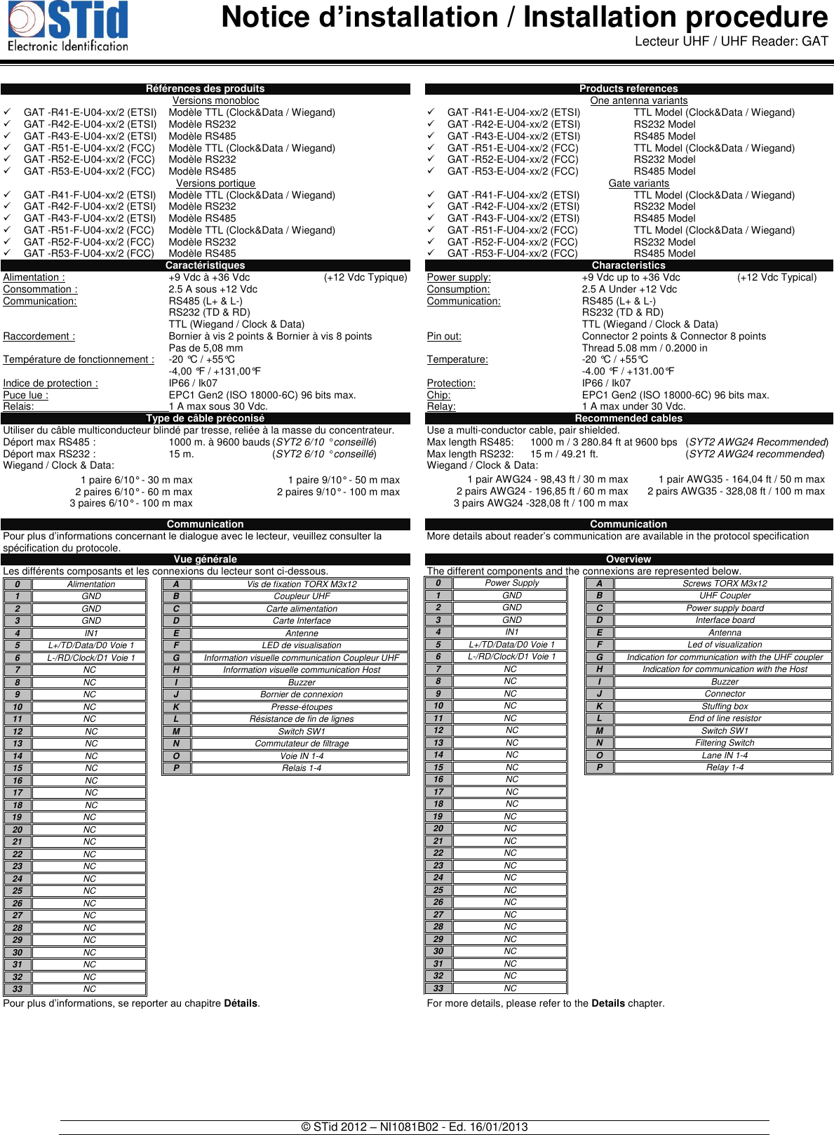  Notice d’installation / Installation procedure Lecteur UHF / UHF Reader: GAT   © STid 2012 – NI1081B02 - Ed. 16/01/2013  Références des produits Versions monobloc   GAT -R41-E-U04-xx/2 (ETSI)  Modèle TTL (Clock&amp;Data / Wiegand)   GAT -R42-E-U04-xx/2 (ETSI)   Modèle RS232   GAT -R43-E-U04-xx/2 (ETSI)  Modèle RS485   GAT -R51-E-U04-xx/2 (FCC)   Modèle TTL (Clock&amp;Data / Wiegand)   GAT -R52-E-U04-xx/2 (FCC)   Modèle RS232   GAT -R53-E-U04-xx/2 (FCC)  Modèle RS485 Versions portique   GAT -R41-F-U04-xx/2 (ETSI)  Modèle TTL (Clock&amp;Data / Wiegand)   GAT -R42-F-U04-xx/2 (ETSI)   Modèle RS232   GAT -R43-F-U04-xx/2 (ETSI)  Modèle RS485   GAT -R51-F-U04-xx/2 (FCC)   Modèle TTL (Clock&amp;Data / Wiegand)   GAT -R52-F-U04-xx/2 (FCC)   Modèle RS232   GAT -R53-F-U04-xx/2 (FCC)  Modèle RS485 Caractéristiques Alimentation :     +9 Vdc à +36 Vdc    (+12 Vdc Typique) Consommation :    2.5 A sous +12 Vdc Communication:     RS485 (L+ &amp; L-)       RS232 (TD &amp; RD)       TTL (Wiegand / Clock &amp; Data) Raccordement :     Bornier à vis 2 points &amp; Bornier à vis 8 points       Pas de 5,08 mm Température de fonctionnement : -20 °C / +55°C        -4,00 °F / +131,00°F Indice de protection :    IP66 / Ik07 Puce lue :      EPC1 Gen2 (ISO 18000-6C) 96 bits max. Relais:      1 A max sous 30 Vdc. Type de câble préconisé Utiliser du câble multiconducteur blindé par tresse, reliée à la masse du concentrateur. Déport max RS485 :     1000 m. à 9600 bauds (SYT2 6/10 ° conseillé) Déport max RS232 :     15 m.     (SYT2 6/10 ° conseillé) Wiegand / Clock &amp; Data:      Communication Pour plus d’informations concernant le dialogue avec le lecteur, veuillez consulter la spécification du protocole.  Vue générale Les différents composants et les connexions du lecteur sont ci-dessous.                             Pour plus d’informations, se reporter au chapitre Détails.       Products references  One antenna variants   GAT -R41-E-U04-xx/2 (ETSI)   TTL Model (Clock&amp;Data / Wiegand)   GAT -R42-E-U04-xx/2 (ETSI)   RS232 Model    GAT -R43-E-U04-xx/2 (ETSI)   RS485 Model    GAT -R51-E-U04-xx/2 (FCC)    TTL Model (Clock&amp;Data / Wiegand)   GAT -R52-E-U04-xx/2 (FCC)    RS232 Model    GAT -R53-E-U04-xx/2 (FCC)   RS485 Model Gate variants   GAT -R41-F-U04-xx/2 (ETSI)   TTL Model (Clock&amp;Data / Wiegand)   GAT -R42-F-U04-xx/2 (ETSI)   RS232 Model    GAT -R43-F-U04-xx/2 (ETSI)   RS485 Model    GAT -R51-F-U04-xx/2 (FCC)    TTL Model (Clock&amp;Data / Wiegand)   GAT -R52-F-U04-xx/2 (FCC)    RS232 Model    GAT -R53-F-U04-xx/2 (FCC)   RS485 Model Characteristics Power supply:     +9 Vdc up to +36 Vdc    (+12 Vdc Typical) Consumption:    2.5 A Under +12 Vdc Communication:     RS485 (L+ &amp; L-)         RS232 (TD &amp; RD)       TTL (Wiegand / Clock &amp; Data) Pin out:       Connector 2 points &amp; Connector 8 points       Thread 5.08 mm / 0.2000 in Temperature:    -20 °C / +55°C       -4.00 °F / +131.00°F Protection:   IP66 / Ik07          Chip:      EPC1 Gen2 (ISO 18000-6C) 96 bits max. Relay:      1 A max under 30 Vdc. Recommended cables Use a multi-conductor cable, pair shielded.  Max length RS485:  1000 m / 3 280.84 ft at 9600 bps   (SYT2 AWG24 Recommended) Max length RS232:   15 m / 49.21 ft.     (SYT2 AWG24 recommended) Wiegand / Clock &amp; Data:      Communication More details about reader’s communication are available in the protocol specification  Overview The different components and the connexions are represented below.                          For more details, please refer to the Details chapter.    0 Alimentation 1 GND 2 GND 3 GND 4 IN1 5 L+/TD/Data/D0 Voie 1 6 L-/RD/Clock/D1 Voie 1 7 NC 8 NC 9 NC 10 NC 11 NC 12 NC 13 NC 14 NC 15 NC 16 NC 17 NC 18 NC 19 NC 20 NC 21 NC 22 NC 23 NC 24 NC 25 NC 26 NC 27 NC 28 NC 29 NC 30 NC 31 NC 32 NC 33 NC  A Vis de fixation TORX M3x12 B Coupleur UHF C Carte alimentation D Carte Interface E Antenne F LED de visualisation G Information visuelle communication Coupleur UHF H Information visuelle communication Host I Buzzer J Bornier de connexion K Presse-étoupes L Résistance de fin de lignes M Switch SW1 N Commutateur de filtrage O Voie IN 1-4 P Relais 1-4  A Screws TORX M3x12 B UHF Coupler C Power supply board D Interface board E Antenna F Led of visualization G Indication for communication with the UHF coupler H Indication for communication with the Host I Buzzer J Connector K Stuffing box L End of line resistor M Switch SW1 N Filtering Switch O Lane IN 1-4 P Relay 1-4  1 paire 6/10° - 30 m max 1 paire 9/10° - 50 m max 2 paires 6/10° - 60 m max 2 paires 9/10° - 100 m max 3 paires 6/10° - 100 m max   1 pair AWG24 - 98,43 ft / 30 m max 1 pair AWG35 - 164,04 ft / 50 m max 2 pairs AWG24 - 196,85 ft / 60 m max 2 pairs AWG35 - 328,08 ft / 100 m max 3 pairs AWG24 -328,08 ft / 100 m max   0 Power Supply 1 GND 2 GND 3 GND 4 IN1 5 L+/TD/Data/D0 Voie 1 6 L-/RD/Clock/D1 Voie 1 7 NC 8 NC 9 NC 10 NC 11 NC 12 NC 13 NC 14 NC 15 NC 16 NC 17 NC 18 NC 19 NC 20 NC 21 NC 22 NC 23 NC 24 NC 25 NC 26 NC 27 NC 28 NC 29 NC 30 NC 31 NC 32 NC 33 NC  