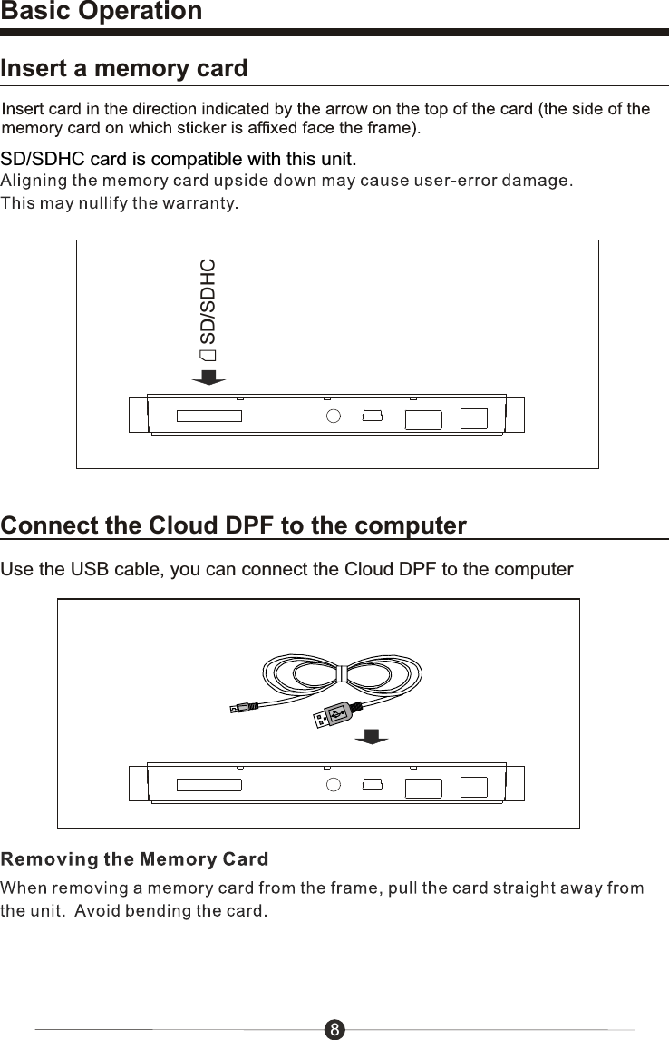 Use the USB cable, you can connect the Cloud DPF to the computerBasic OperationConnect the Cloud DPF to the computer8SD/SDHC card is compatible with this unit. SD/SDHCInsert a memory card