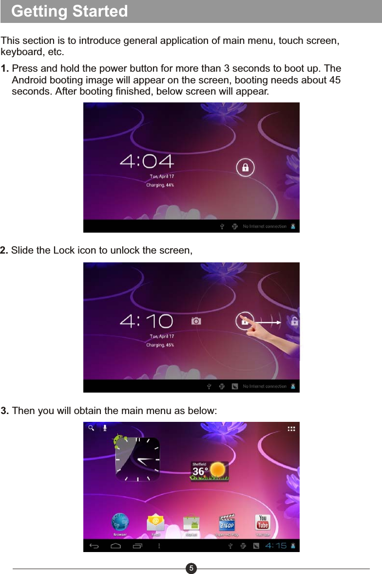 Getting StartedThis section is to introduce general application of main menu, touch screen, keyboard, etc.1. Press and hold the power button for more than 3 seconds to boot up. The     Android booting image will appear on the screen, booting needs about 45     seconds. After booting finished, below screen will appear.2. Slide the Lock icon to unlock the screen, 53. Then you will obtain the main menu as below: