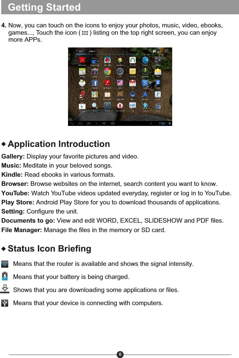 Getting Started4. Now, you can touch on the icons to enjoy your photos, music, video, ebooks,     games..., Touch the icon (     ) listing on the top right screen, you can enjoy     more APPs.Application IntroductionGallery: Display your favorite pictures and video.Music: Meditate in your beloved songs.Kindle: Read ebooks in various formats.Browser: Browse websites on the internet, search content you want to know.YouTube: Watch YouTube videos updated everyday, register or log in to YouTube.Play Store: Android Play Store for you to download thousands of applications.Setting: Configure the unit.Documents to go: View and edit WORD, EXCEL, SLIDESHOW and PDF files.File Manager: Manage the files in the memory or SD card.6Status Icon BriefingMeans that the router is available and shows the signal intensity. Means that your battery is being charged.Shows that you are downloading some applications or files.Means that your device is connecting with computers.