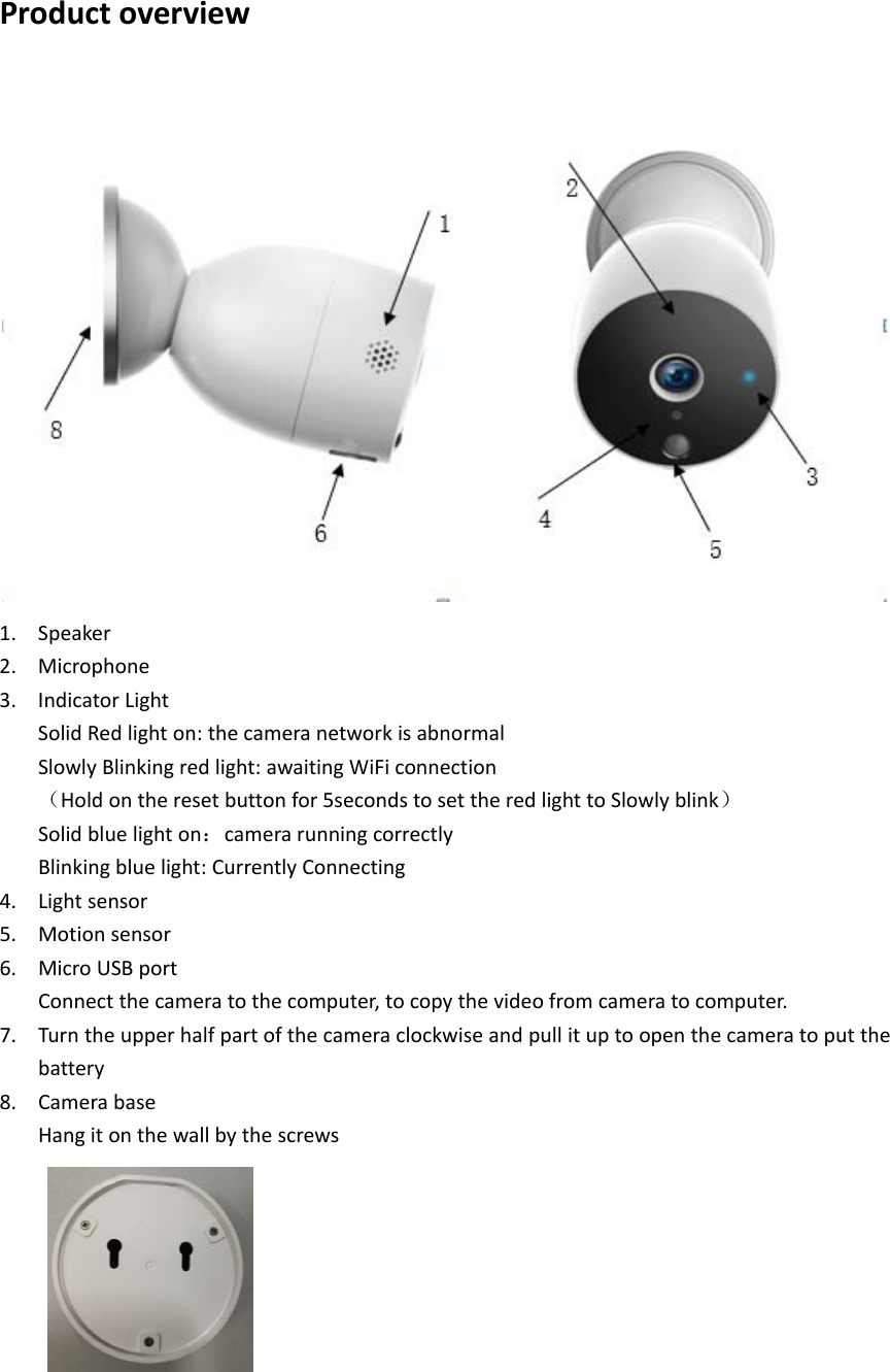Productoverview1. Speaker2. Microphone3. IndicatorLightSolidRedlighton:thecameranetworkisabnormalSlowlyBlinkingredlight:awaitingWiFiconnection（Holdontheresetbuttonfor5secondstosettheredlighttoSlowlyblink）Solidbluelighton：camerarunningcorrectlyBlinkingbluelight:CurrentlyConnecting4. Lightsensor5. Motionsensor6. MicroUSBportConnectthecameratothecomputer,tocopythevideofromcameratocomputer.7. Turntheupperhalfpartofthecameraclockwiseandpullituptoopenthecameratoputthebattery8. CamerabaseHangitonthewallbythescrews
