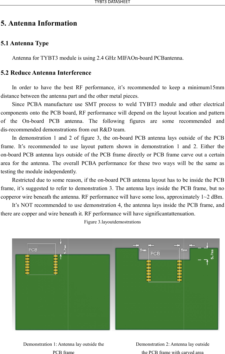 weld TYBT3 module and  other  electrical 5.Antenna Information5.1 Antenna Type Antenna for TYBT3 module is5.2 Reduce Antenna InterferenceIn  order  to  have  the  bestdistance between the antenna part and the other metal pieces.Since  PCBA  manufacture usecomponents onto the PCB board, RF performance will depend on the layout location and pattof  the  On-board  PCB  antenna. The following figures are some recommended anddis-recommended demonstrations from out R&amp;D team.In  demonstration 1  and  2 of figure 3, the onframe. It&rsquo;s  recommended  to  use layout pattern shown inon-board PCB  antenna lays outside of the PCB frame directly or PCB framearea  for  the  antenna.  The overall PCBAtesting the module independently.Restricted due to some reason, iframe, it&rsquo;s suggested to refer to demonstration 3.copperor wire beneath the antenna.It&rsquo;s NOT recommended to use demonstrathere are copper and wire beneath it. RF performance will haveDemonstration 1: Antenna lay outside thePCB frameTYBT3 DATASHEET Antenna Informationmodule is using 2.4 GHz MIFAOn-board PCBantenna. nterference n order to have the best RF  performance,  it&rsquo;s  recommended to  keep  abetween the antenna part and the other metal pieces. A manufacture  use SMT  process  to weld  TYBT3  module  and other electricalcomponents onto the PCB board, RF performance will depend on the layout location and pattboard PCB antenna.  The  following  figures  are  some  recommended anddemonstrations from out R&amp;D team. 1 and  2  of  figure  3,  the  on-board  PCB  antenna  lays outsideIt&rsquo;s recommended to  use  layout  pattern  shown  in demonstration 1  and 2. Either theoutside of the PCB frame directly or PCB frame caroverall  PCBA performance for  these  two  ways  will be the same astesting the module independently. Restricted due to some reason, if the on-board PCB antenna layout has to be inside the PCBer to demonstration 3. The antenna lays inside the PCB frame,the antenna. RF performance will have some loss, approximately 1~2 dBm.It&rsquo;s NOT recommended to use demonstration 4, the antenna lays inside the PCB frame, andthere are copper and wire beneath it. RF performance will have significantattenuationFigure 3.layoutdemostrations Demonstration 1: Antenna lay outside the PCB frame Demonstration 2: Antenna laythe PCB frame with carved area to keep a minimum15mm components onto the PCB board, RF performance will depend on the layout location and pattern board PCB antenna. The following figures are some recommended  and outside  of  the  PCB 1 and  2.  Either  the carve out a certain for these two ways will  be  the  same  as ut has to be inside the PCB enna lays inside the PCB frame, but no RF performance will have some loss, approximately 1~2 dBm. lays inside the PCB frame, and attenuation. Demonstration 2: Antenna lay outside the PCB frame with carved area 