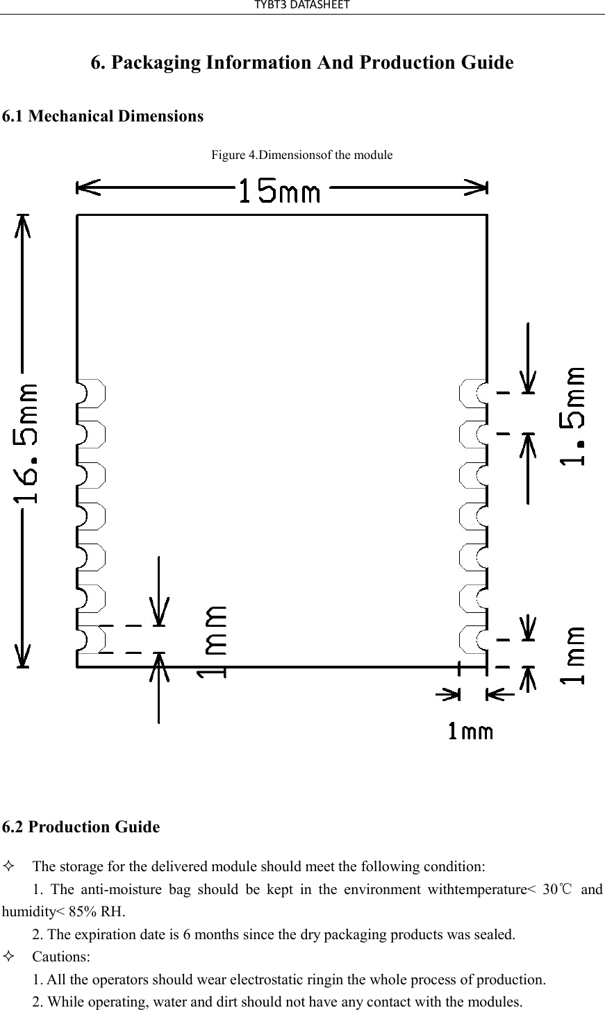 TYBT3 DATASHEET 6. Packaging Information And Production Guide6.1 Mechanical Dimensions Figure 4.Dimensionsof the module 6.2 Production Guide The storage for the delivered module should meet the following condition:1. The  anti-moisture  bag  should  be  kept  in  the  environment  withtemperature<  30℃  andhumidity< 85% RH. 2. The expiration date is 6 months since the dry packaging products was sealed.Cautions:1. All the operators should wear electrostatic ringin the whole process of production.2. While operating, water and dirt should not have any contact with the modules.