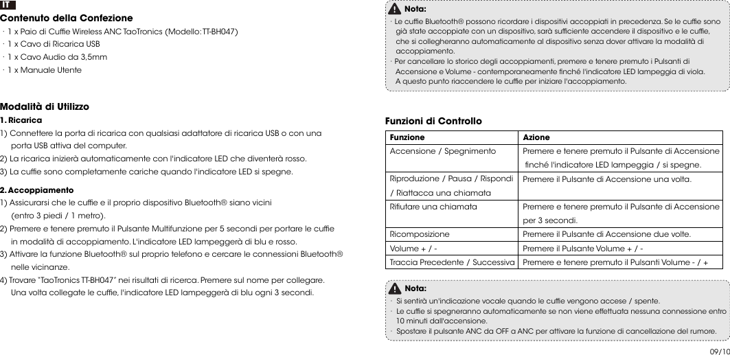 09/10ITContenuto della Confezione ·1 x Paio di Cufe Wireless ANC TaoTronics (Modello: TT-BH047)·1 x Cavo di Ricarica USB ·1 x Cavo Audio da 3,5mm·1 x Manuale UtenteModalità di Utilizzo     1. Ricarica1) Connettere la porta di ricarica con qualsiasi adattatore di ricarica USB o con una      porta USB attiva del computer.2) La ricarica inizierà automaticamente con l&apos;indicatore LED che diventerà rosso.3) La cufe sono completamente cariche quando l&apos;indicatore LED si spegne.2. Accoppiamento1) Assicurarsi che le cufe e il proprio dispositivo Bluetooth® siano vicini      (entro 3 piedi / 1 metro).2) Premere e tenere premuto il Pulsante Multifunzione per 5 secondi per portare le cufe      in modalità di accoppiamento. L&apos;indicatore LED lampeggerà di blu e rosso.3) Attivare la funzione Bluetooth® sul proprio telefono e cercare le connessioni Bluetooth®      nelle vicinanze.4) Trovare “TaoTronics TT-BH047” nei risultati di ricerca. Premere sul nome per collegare.      Una volta collegate le cufe, l&apos;indicatore LED lampeggerà di blu ogni 3 secondi.Nota:·Le cufe Bluetooth® possono ricordare i dispositivi accoppiati in precedenza. Se le cufe sono     già state accoppiate con un dispositivo, sarà sufciente accendere il dispositivo e le cufe,     che si collegheranno automaticamente al dispositivo senza dover attivare la modalità di     accoppiamento. ·Per cancellare lo storico degli accoppiamenti, premere e tenere premuto i Pulsanti di     Accensione e Volume - contemporaneamente nché l&apos;indicatore LED lampeggia di viola.     A questo punto riaccendere le cufe per iniziare l&apos;accoppiamento.Funzioni di Controllo   Funzione Accensione / SpegnimentoRiproduzione / Pausa / Rispondi / Riattacca una chiamata Riutare una chiamataRicomposizioneVolume + / -Traccia Precedente / SuccessivaAzione Premere e tenere premuto il Pulsante di Accensione nché l&apos;indicatore LED lampeggia / si spegne.Premere il Pulsante di Accensione una volta.Premere e tenere premuto il Pulsante di Accensioneper 3 secondi.Premere il Pulsante di Accensione due volte.Premere il Pulsante Volume + / - Premere e tenere premuto il Pulsanti Volume - / + Nota:· Si sentirà un&apos;indicazione vocale quando le cufe vengono accese / spente.· Le cufe si spegneranno automaticamente se non viene effettuata nessuna connessione entro     10 minuti dall&apos;accensione. · Spostare il pulsante ANC da OFF a ANC per attivare la funzione di cancellazione del rumore.  