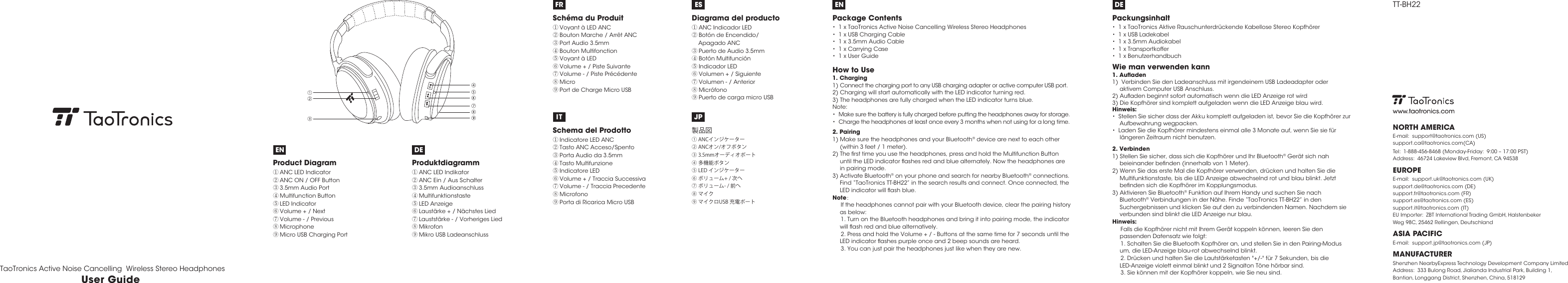 JPITESFRUser Guide TaoTronics Active Noise Cancelling  Wireless Stereo HeadphonesTT-BH22www.taotronics.comNORTH AMERICAE-mail:  support@taotronics.com (US)support.ca@taotronics.com(CA)Tel:  1-888-456-8468 (Monday-Friday:  9:00 – 17:00 PST)Address:  46724 Lakeview Blvd, Fremont, CA 94538EUROPEE-mail:  support.uk@taotronics.com (UK)support.de@taotronics.com (DE)support.fr@taotronics.com (FR)support.es@taotronics.com (ES)support.it@taotronics.com (IT)EU Importer:  ZBT International Trading GmbH, Halstenbeker Weg 98C, 25462 Rellingen, DeutschlandASIA PACIFICE-mail:  support.jp@taotronics.com (JP)MANUFACTURERShenzhen NearbyExpress Technology Development Company LimitedAddress:  333 Bulong Road, Jialianda Industrial Park, Building 1,Bantian, Longgang District, Shenzhen, China, 518129www.taotronics.comEN DEDEProduct Diagram① ANC LED Indicator ② ANC ON / OFF Button ③ 3.5mm Audio Port④ Multifunction Button⑤ LED Indicator⑥ Volume + / Next⑦ Volume - / Previous⑧ Microphone⑨ Micro USB Charging Port① ANC LED Indikator② ANC Ein / Aus Schalter③ 3.5mm Audioanschluss ④ Multifunktionstaste ⑤ LED Anzeige⑥ Laustärke + / Nächstes Lied⑦ Lauststärke - / Vorheriges Lied⑧ Mikrofon ⑨ Mikro USB LadeanschlussProduktdiagramm Schéma du Produit① Voyant à LED ANC② Bouton Marche / Arrêt ANC③ Port Audio 3.5mm④ Bouton Multifonction⑤ Voyant à LED⑥ Volume + / Piste Suivante⑦ Volume - / Piste Précédente⑧ Micro⑨ Port de Charge Micro USB① ANC Indicador LED② Botón de Encendido/      Apagado ANC③ Puerto de Audio 3.5mm④ Botón Multifunción⑤ Indicador LED⑥ Volumen + / Siguiente⑦ Volumen - / Anterior⑧ Micrófono⑨ Puerto de carga micro USBDiagrama del productoSchema del Prodotto① Indicatore LED ANC② Tasto ANC Acceso/Spento③ Porta Audio da 3.5mm④ Tasto Multifunzione⑤ Indicatore LED⑥ Volume + / Traccia Successiva⑦ Volume - / Traccia Precedente⑧ Microfono⑨ Porta di Ricarica Micro USB①ANCインジケーター②ANCオン/オフボタン③3.5mmオーディオポート④多機能ボタン⑤LEDインジケーター⑥ボリューム+/次へ⑦ボリューム-/前へ⑧マイク⑨マイクロUSB充電ポート製品図ENPackage Contents•  1 x TaoTronics Active Noise Cancelling Wireless Stereo Headphones•  1 x USB Charging Cable•  1 x 3.5mm Audio Cable•  1 x Carrying Case•  1 x User GuideHow to Use1. Charging1) Connect the charging port to any USB charging adapter or active computer USB port.2) Charging will start automatically with the LED indicator turning red.3) The headphones are fully charged when the LED indicator turns blue.Note: •  Make sure the battery is fully charged before putting the headphones away for storage.•  Charge the headphones at least once every 3 months when not using for a long time.2. Pairing1) Make sure the headphones and your Bluetooth® device are next to each other (within 3 feet / 1 meter). 2) The rst time you use the headphones, press and hold the Multifunction Button until the LED indicator ashes red and blue alternately. Now the headphones are in pairing mode. 3) Activate Bluetooth® on your phone and search for nearby Bluetooth® connections. Find “TaoTronics TT-BH22” in the search results and connect. Once connected, the LED indicator will ash blue.Note：     If the headphones cannot pair with your Bluetooth device, clear the pairing history as below:     1. Turn on the Bluetooth headphones and bring it into pairing mode, the indicator will ash red and blue alternatively.     2. Press and hold the Volume + / - Buttons at the same time for 7 seconds until the LED indicator ashes purple once and 2 beep sounds are heard.     3. You can just pair the headphones just like when they are new.Packungsinhalt •  1 x TaoTronics Aktive Rauschunterdrückende Kabellose Stereo Kopfhörer•  1 x USB Ladekabel•  1 x 3.5mm Audiokabel•  1 x Transportkoffer•  1 x BenutzerhandbuchWie man verwenden kann1. Auaden1)  Verbinden Sie den Ladeanschluss mit irgendeinem USB Ladeadapter oder aktivem Computer USB Anschluss. 2) Auaden beginnt sofort automatisch wenn die LED Anzeige rot wird3) Die Kopfhörer sind komplett aufgeladen wenn die LED Anzeige blau wird. Hinweis:•  Stellen Sie sicher dass der Akku komplett aufgeladen ist, bevor Sie die Kopfhörer zur Aufbewahrung wegpacken.•  Laden Sie die Kopfhörer mindestens einmal alle 3 Monate auf, wenn Sie sie für längeren Zeitraum nicht benutzen. 2. Verbinden1) Stellen Sie sicher, dass sich die Kopfhörer und Ihr Bluetooth® Gerät sich nah beieinander benden (innerhalb von 1 Meter). 2) Wenn Sie das erste Mal die Kopfhörer verwenden, drücken und halten Sie die Multifunktionstaste, bis die LED Anzeige abwechselnd rot und blau blinkt. Jetzt benden sich die Kopfhörer im Kopplungsmodus. 3) Aktivieren Sie Bluetooth® Funktion auf Ihrem Handy und suchen Sie nach Bluetooth® Verbindungen in der Nähe. Finde “TaoTronics TT-BH22” in den Suchergebnissen und klicken Sie auf den zu verbindenden Namen. Nachdem sie verbunden sind blinkt die LED Anzeige nur blau. Hinweis:     Falls die Kopfhörer nicht mit Ihrem Gerät koppeln können, leeren Sie den passenden Datensatz wie folgt:     1. Schalten Sie die Bluetooth Kopfhörer an, und stellen Sie in den Pairing-Modus um, die LED-Anzeige blau-rot abwechselnd blinkt.     2. Drücken und halten Sie die Lautstärketasten &quot;+/-&quot; für 7 Sekunden, bis die LED-Anzeige violett einmal blinkt und 2 Signalton Töne hörbar sind.     3. Sie können mit der Kopfhörer koppeln, wie Sie neu sind. 