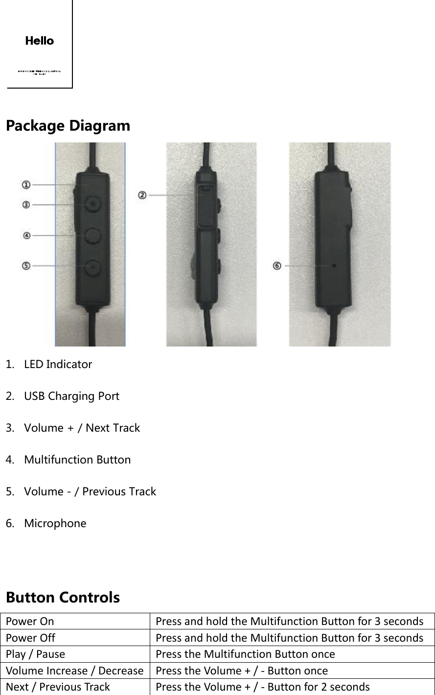   Package Diagram  1. LED Indicator 2. USB Charging Port 3. Volume + / Next Track 4. Multifunction Button 5. Volume - / Previous Track 6. Microphone   Button Controls Power On   Press and hold the Multifunction Button for 3 seconds Power Off Press and hold the Multifunction Button for 3 seconds Play / Pause   Press the Multifunction Button once Volume Increase / Decrease Press the Volume + / - Button once Next / Previous Track Press the Volume + / - Button for 2 seconds 