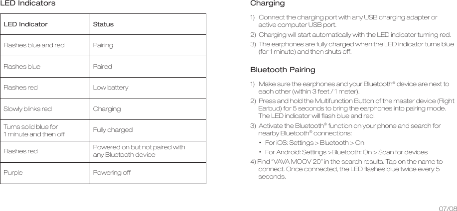 LED Indicators ChargingLED Indicator StatusFlashes blue and redFlashes blue Flashes red Slowly blinks red  Turns solid blue for 1 minute and then offFlashes red Purple  Pairing Paired Low batteryChargingFully chargedPowered on but not paired with any Bluetooth devicePowering off1)   Connect the charging port with any USB charging adapter or active computer USB port.2)  Charging will start automatically with the LED indicator turning red.3)  The earphones are fully charged when the LED indicator turns blue (for 1 minute) and then shuts off.Bluetooth Pairing1)   Make sure the earphones and your Bluetooth® device are next to each other (within 3 feet / 1 meter).2)  Press and hold the Multifunction Button of the master device (Right Earbud) for 5 seconds to bring the earphones into pairing mode. The LED indicator will flash blue and red.3)  Activate the Bluetooth® function on your phone and search for nearby Bluetooth® connections:•  For iOS: Settings &gt; Bluetooth &gt; On•  For Android: Settings &gt;Bluetooth: On &gt; Scan for devices4) Find “VAVA MOOV 20” in the search results. Tap on the name to connect. Once connected, the LED flashes blue twice every 5 seconds.07/08