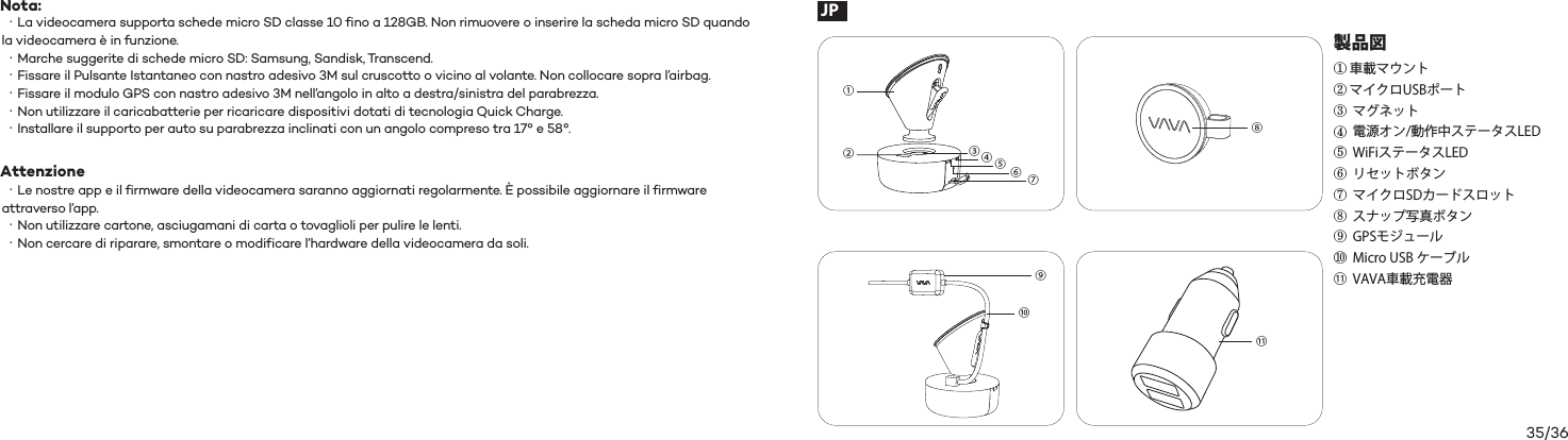 35/36Nota:Attenzione  ・La videocamera supporta schede micro SD classe 10 fino a 128GB. Non rimuovere o inserire la scheda micro SD quando la videocamera è in funzione. ・Marche suggerite di schede micro SD: Samsung, Sandisk, Transcend. ・Fissare il Pulsante Istantaneo con nastro adesivo 3M sul cruscotto o vicino al volante. Non collocare sopra l’airbag.  ・Fissare il modulo GPS con nastro adesivo 3M nell’angolo in alto a destra/sinistra del parabrezza. ・Non utilizzare il caricabatterie per ricaricare dispositivi dotati di tecnologia Quick Charge.   ・Installare il supporto per auto su parabrezza inclinati con un angolo compreso tra 17° e 58°. ・Le nostre app e il firmware della videocamera saranno aggiornati regolarmente. È possibile aggiornare il firmware attraverso l’app. ・Non utilizzare cartone, asciugamani di carta o tovaglioli per pulire le lenti. ・Non cercare di riparare, smontare o modificare l’hardware della videocamera da soli.製品図①②③④⑤⑥⑦⑧⑨⑩⑪車載マウントマイクロUSBポート マグネット 電源オン/動作中ステータスLED WiFiステータスLED リセットボタン マイクロSDカードスロット スナップ写真ボタン GPSモジュール Micro USB ケーブル VAVA車載充電器⑨⑩①②③④⑤⑥⑦⑧⑪JP
