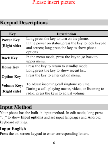  6    Please insert picture   Keypad Descriptions  Key Description Power Key (Right side) Long press the key to turn on the phone. In the power on status, press the key to lock keypad and screen; long press the key to show phone options. Back Key In the menu mode, press the key to go back to upper menu. Home Key Press the key to return to standby mode. Long press the key to show recent list.   Option Key Press the key to enter option menu. Volume Keys (Right side) To adjust incoming call ringtone volume. During a call, playing music, video, or listening to radio, press the keys to adjust volume.  Input Method Your phone has the built-in input method. In edit mode, long press “,…” to show Input options and set input languages and Android keyboard settings. Input English Press the on-screen keypad to enter corresponding letters. 