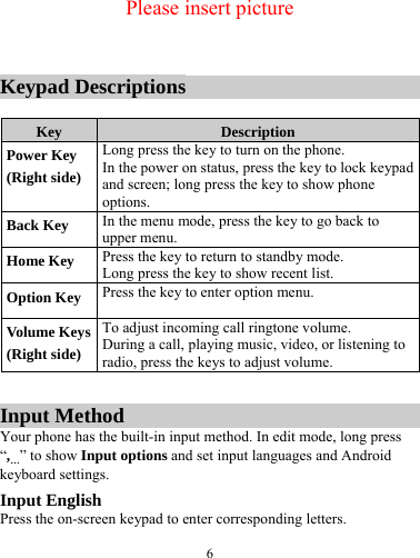 6   Please insert picture   Keypad Descriptions  Key  Description Power Key (Right side) Long press the key to turn on the phone. In the power on status, press the key to lock keypad and screen; long press the key to show phone options. Back Key  In the menu mode, press the key to go back to upper menu. Home Key  Press the key to return to standby mode. Long press the key to show recent list.   Option Key  Press the key to enter option menu. Volume Keys(Right side) To adjust incoming call ringtone volume. During a call, playing music, video, or listening to radio, press the keys to adjust volume.  Input Method Your phone has the built-in input method. In edit mode, long press “,…” to show Input options and set input languages and Android keyboard settings. Input English Press the on-screen keypad to enter corresponding letters. 