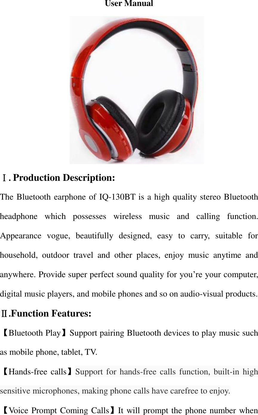 Page 1 of SUPERSONIC IQ-130BT Bluetooth Headphone User Manual STN 08L                  