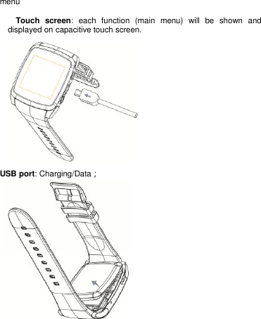   menu          Touch  screen:  each  function  (main  menu)  will  be  shown  and displayed on capacitive touch screen.  USB port: Charging/Data；  