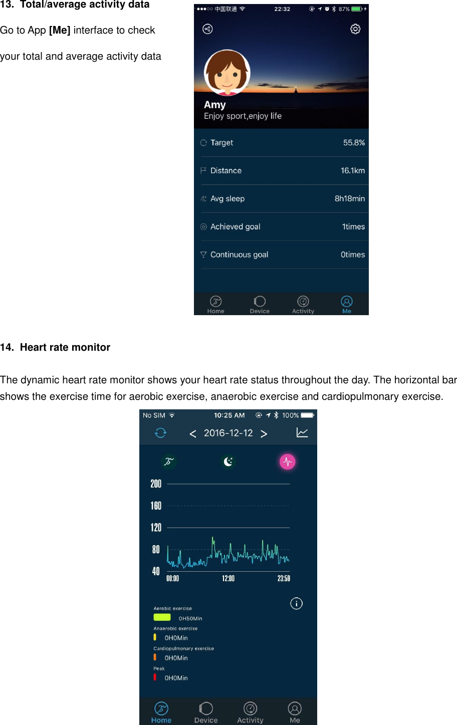 13.  Total/average activity data  Go to App [Me] interface to check  your total and average activity data            14.  Heart rate monitor  The dynamic heart rate monitor shows your heart rate status throughout the day. The horizontal bar shows the exercise time for aerobic exercise, anaerobic exercise and cardiopulmonary exercise.                       