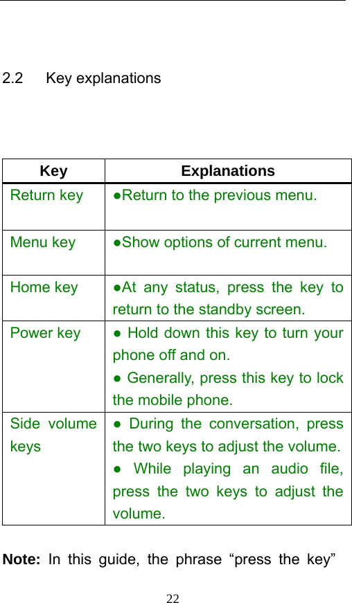  22  2.2   Key explanations    Key Explanations Return key  ●Return to the previous menu. Menu key  ●Show options of current menu.   Home key  ●At any status, press the key to return to the standby screen.   Power key  ● Hold down this key to turn your phone off and on.   ● Generally, press this key to lock the mobile phone.   Side volume keys ● During the conversation, press the two keys to adjust the volume. ● While playing an audio file, press the two keys to adjust the volume.  Note: In this guide, the phrase “press the key” 