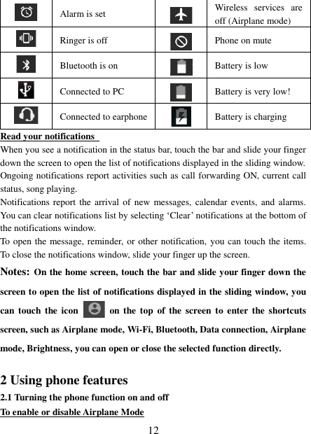   12  Alarm is set   Wireless  services  are off (Airplane mode)                                                                                                                                                                            Ringer is off  Phone on mute  Bluetooth is on  Battery is low  Connected to PC  Battery is very low!        Connected to earphone  Battery is charging Read your notifications   When you see a notification in the status bar, touch the bar and slide your finger down the screen to open the list of notifications displayed in the sliding window.   Ongoing notifications report activities such as call forwarding ON, current call status, song playing.   Notifications report  the  arrival of new messages, calendar  events,  and  alarms. You can clear notifications list by selecting ‘Clear’ notifications at the bottom of the notifications window.   To open the message, reminder, or other notification, you can touch the items. To close the notifications window, slide your finger up the screen.   Notes: On the home screen, touch the bar and slide your finger down the screen to open the list of notifications displayed in the sliding window, you can touch the  icon    on the top  of the screen  to enter  the  shortcuts screen, such as Airplane mode, Wi-Fi, Bluetooth, Data connection, Airplane mode, Brightness, you can open or close the selected function directly.  2 Using phone features 2.1 Turning the phone function on and off To enable or disable Airplane Mode 