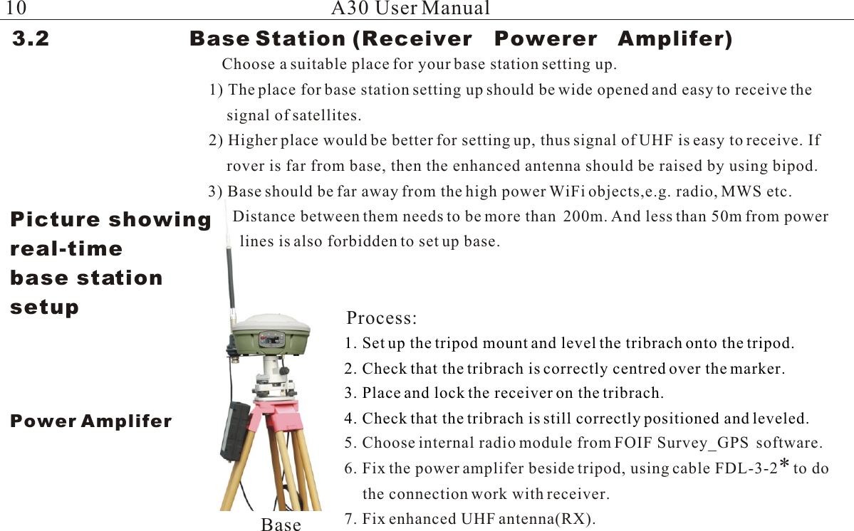 BasePicture showing real-time base stationsetup Process:1. Set up the tripod mount and level the tribrach onto the tripod.2. Check that the tribrach is correctly centred over the marker.3. Place and lock the receiver on the tribrach.4. Check that the tribrach is still correctly positioned and leveled.5. Choose internal radio module from FOIF Survey_GPS  software.6. Fix the power amplifer beside tripod, using cable FDL-3-2    to do *7. Fix enhanced UHF antenna(RX).the connection work with receiver.A30 User Manual10Power Amplifer3.2                    Base Station (Receiver   Powerer                          Amplifer) Choose a suitable place for your base station setting up.1) The place for base station setting up should be wide opened and easy to receive the 2) Higher place would be better for setting up, thus signal of UHF is easy to receive. Ifrover  is  far  from  base,  then  the  enhanced  antenna  should  be  raised  by  using  bipod.signal of satellites.3) Base should be far away from the high power WiFi objects,e.g. radio, MWS etc.Distance between them needs to be more than  200m. And less than 50m from power  lines is also forbidden to set up base.