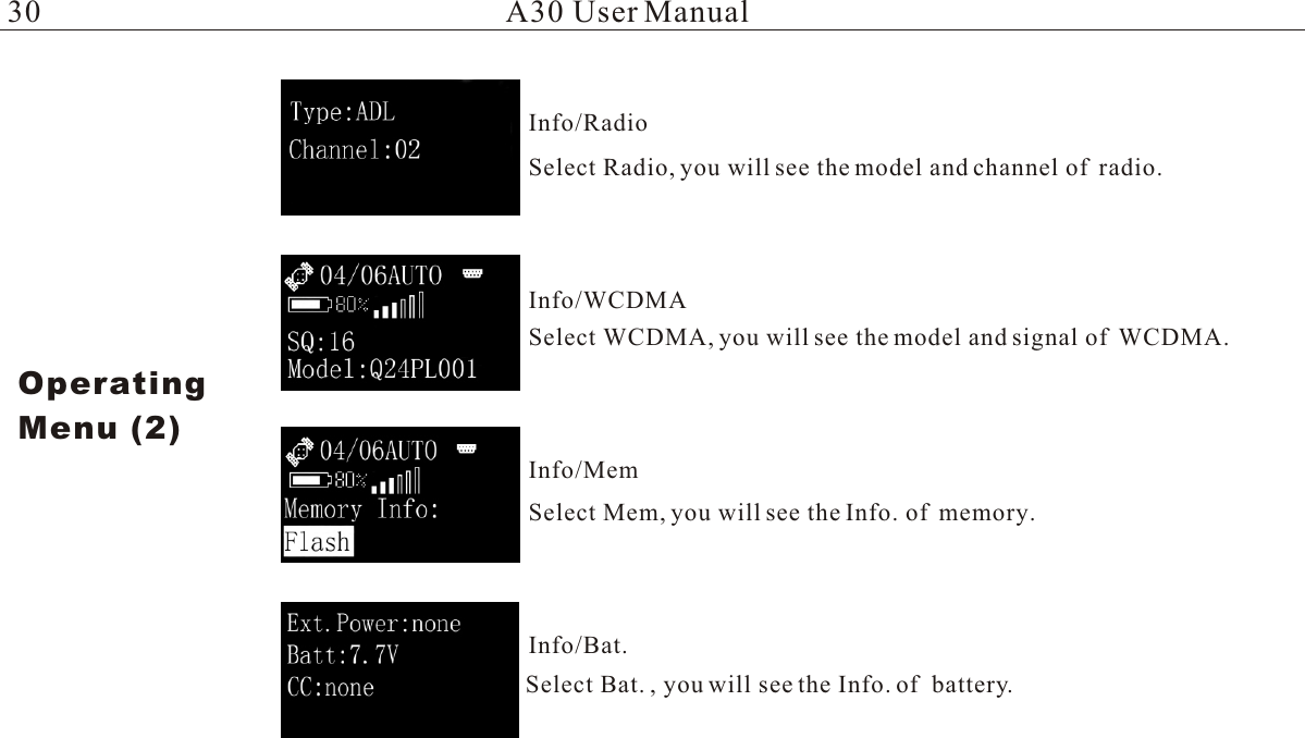 Select Radio, you will see the model and channel of  radio.Select WCDMA, you will see the model and signal of  WCDMA.Select Mem, you will see the Info. of  memory.Select Bat. , you will see the Info. of  battery.A30 User ManualOperatingMenu (2)Info/RadioInfo/WCDMAInfo/MemInfo/Bat.30