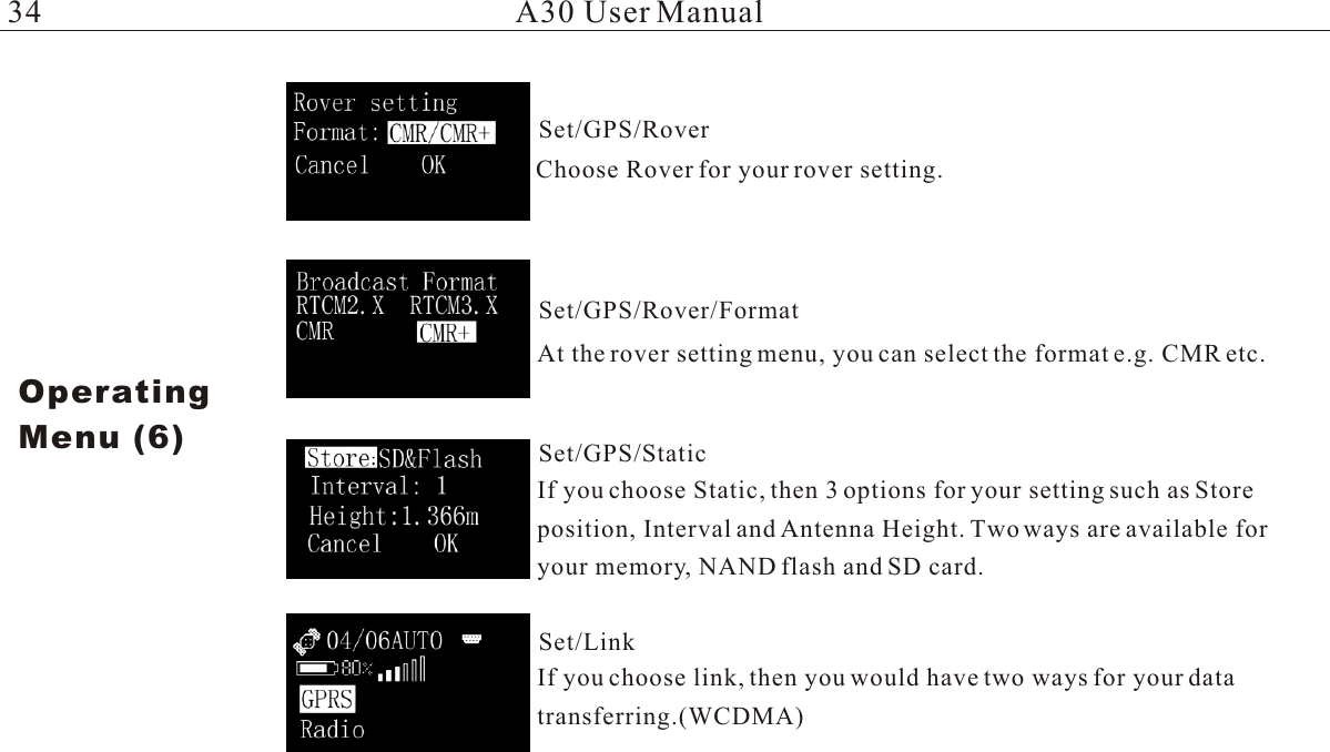 Choose Rover for your rover setting.At the rover setting menu, you can select the format e.g. CMR etc.If you choose Static, then 3 options for your setting such as Store position, Interval and Antenna Height. Two ways are available for your memory, NAND flash and SD card.If you choose link, then you would have two ways for your datatransferring.(WCDMA) A30 User ManualOperatingMenu (6)Set/GPS/RoverSet/GPS/Rover/FormatSet/GPS/StaticSet/Link34