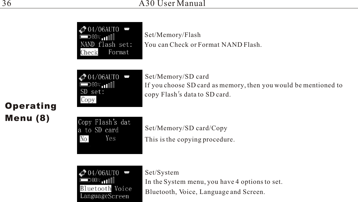 You can Check or Format NAND Flash. If you choose SD card as memory, then you would be mentioned tocopy Flash s data to SD card.This is the copying procedure.In the System menu, you have 4 options to set. Bluetooth, Voice, Language and Screen.A30 User ManualOperatingMenu (8)Set/Memory/FlashSet/Memory/SD  cardSet/Memory/SD  card/CopySet/System36