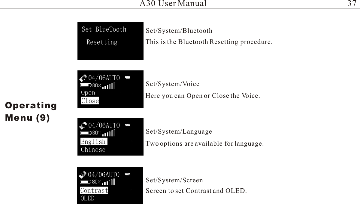 This is the Bluetooth Resetting procedure.Here you can Open or Close the Voice.Two options are available for language.Screen to set Contrast and OLED. A30 User ManualOperatingMenu (9)Set/System/BluetoothSet/System/VoiceSet/System/LanguageSet/System/Screen37