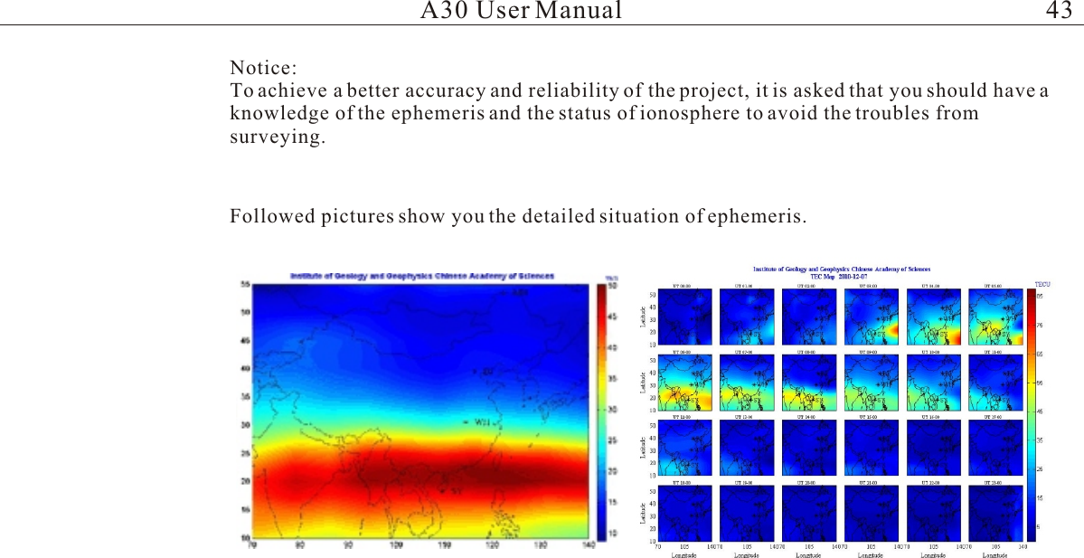 Notice: To achieve a better accuracy and reliability of the project, it is asked that you should have a knowledge of the ephemeris and the status of ionosphere to avoid the troubles from surveying.A30 User ManualFollowed pictures show you the detailed situation of ephemeris.43
