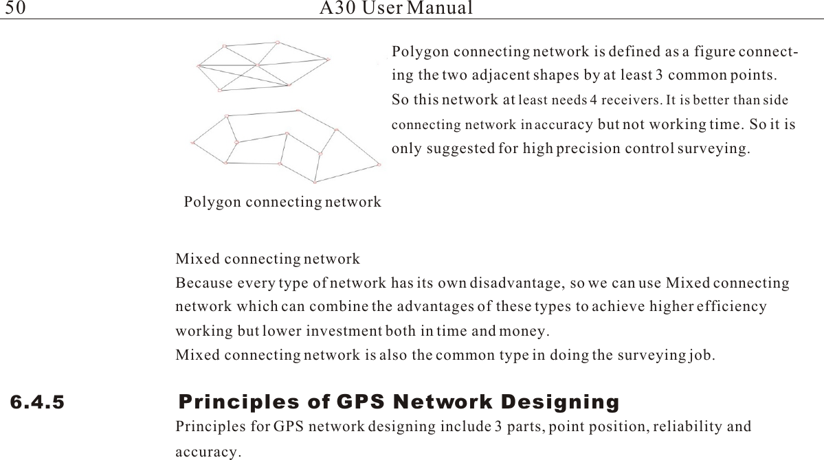 A30 User ManualPolygon connecting networkPolygon connecting network is defined as a figure connect-ing the two adjacent shapes by at least 3 common points. So this network at least needs 4 receivers. It is better than sideconnecting network in accuracy but not working time. So it isonly suggested for high precision control surveying.Mixed connecting networkBecause every type of network has its own disadvantage, so we can use Mixed connecting network which can combine the advantages of these types to achieve higher efficiency working but lower investment both in time and money.Mixed connecting network is also the common type in doing the surveying job. 6.4.5                 Principles of GPS Network DesigningPrinciples for GPS network designing include 3 parts, point position, reliability and accuracy. 50