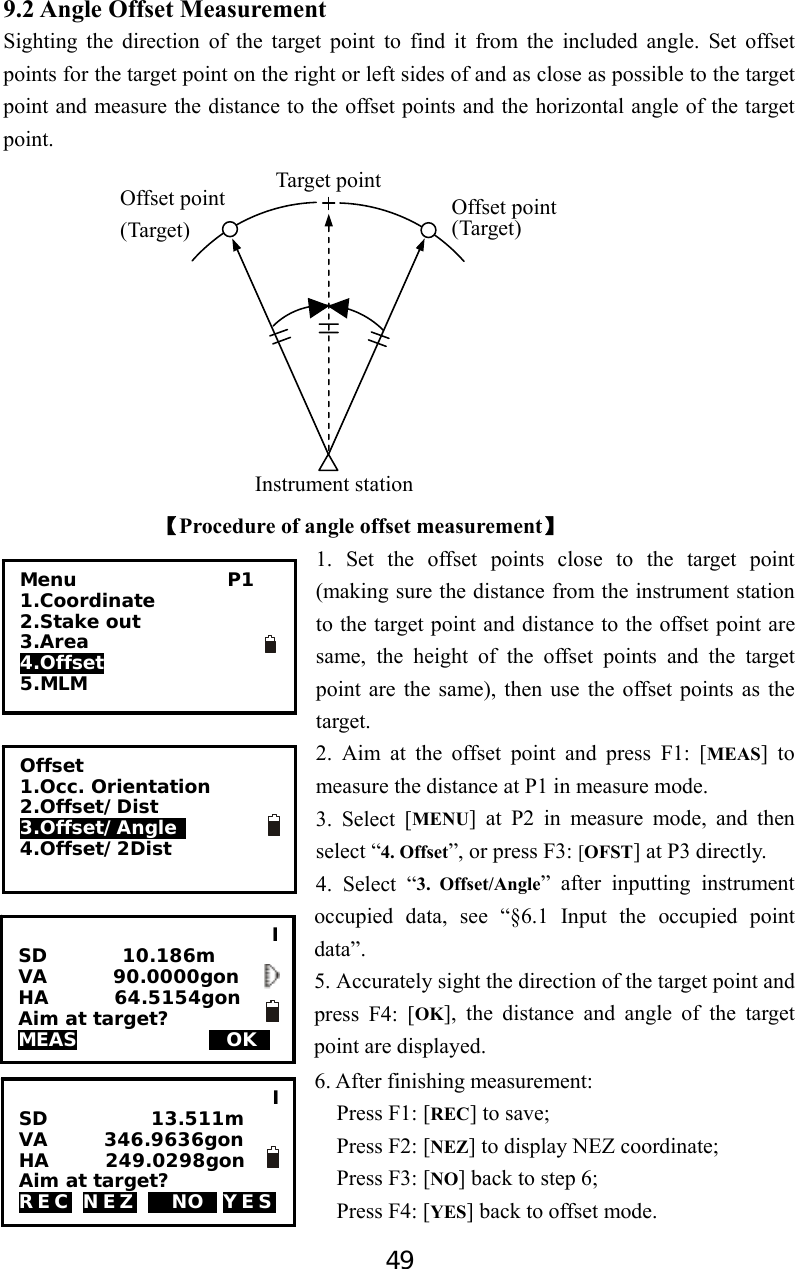 49 9.2 Angle Offset Measurement Sighting the direction of the target point to find it from the included angle. Set offset points for the target point on the right or left sides of and as close as possible to the target point and measure the distance to the offset points and the horizontal angle of the target point.                                                                        【Procedure of angle offset measurement】 1. Set the offset points close to the target point (making sure the distance from the instrument station to the target point and distance to the offset point are same, the height of the offset points and the target point are the same), then use the offset points as the target. 2. Aim at the offset point and press F1: [MEAS] to measure the distance at P1 in measure mode. 3. Select [MENU] at P2 in measure mode, and then select “4. Offset”, or press F3: [OFST] at P3 directly. 4. Select “3. Offset/Angle” after inputting instrument occupied data, see “§6.1 Input the occupied point data”. 5. Accurately sight the direction of the target point and press F4: [OK], the distance and angle of the target point are displayed. 6. After finishing measurement: Press F1: [REC] to save;   Press F2: [NEZ] to display NEZ coordinate;   Press F3: [NO] back to step 6;     Press F4: [YES] back to offset mode. Target pointInstrument stationOffset point (Target) Offset point(Target) Menu                P1 1.Coordinate 2.Stake out     3.Area 4.Offset 5.MLM           I SD        10.186m VA       90.0000gon HA       64.5154gon  Aim at target? MEAS              MOKS        Offset 1.Occ. Orientation 2.Offset/Dist 3.Offset/Angle  4.Offset/2Dist  I SD           13.511m VA      346.9636gon HA      249.0298gon Aim at target? REC NEZ M NOS YES 